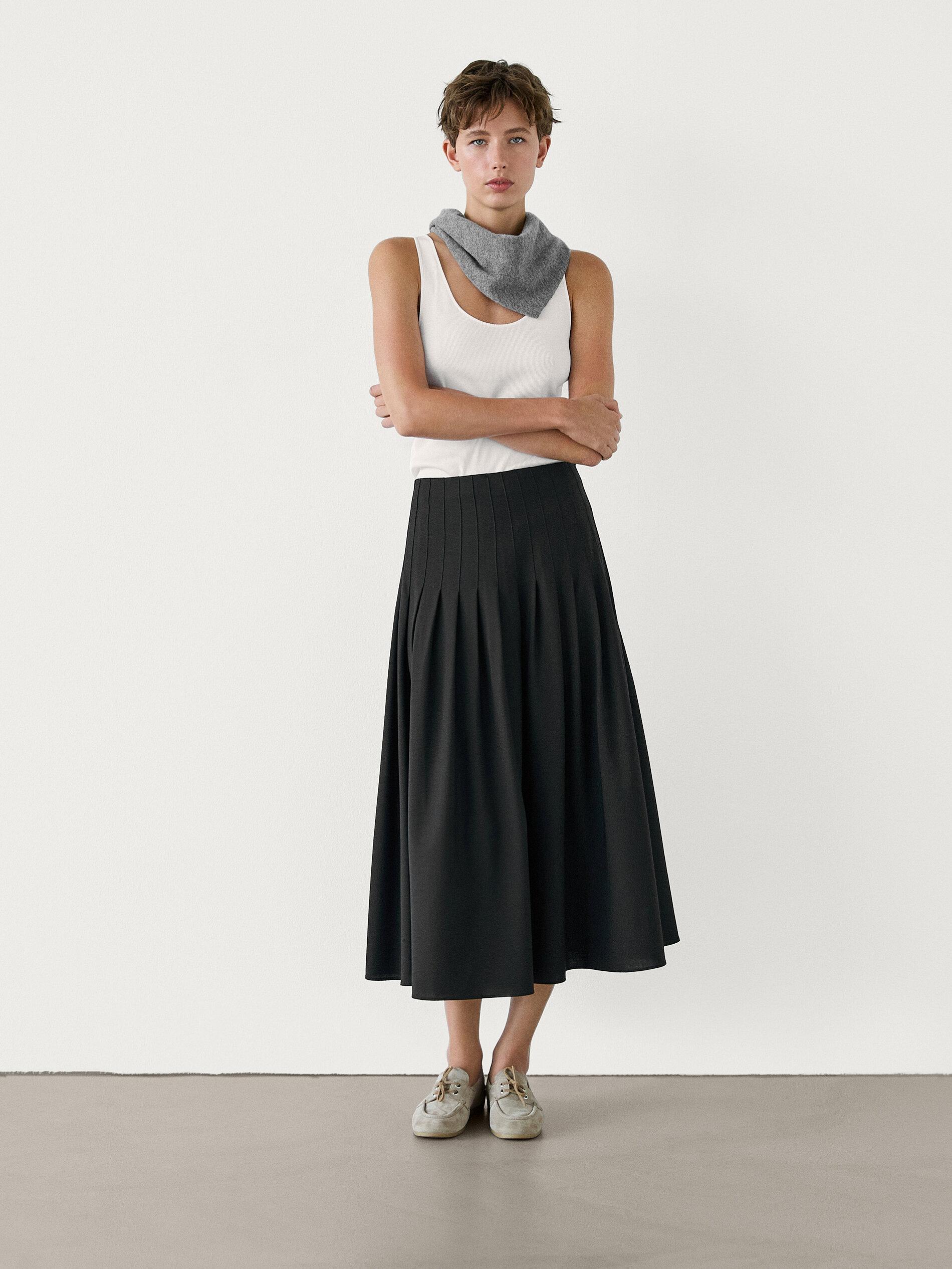 【Massimo Dutti】Midi skirt with scalloped yoke detail 100% cotton midi skirt with yoke detail · White · Sunglasses