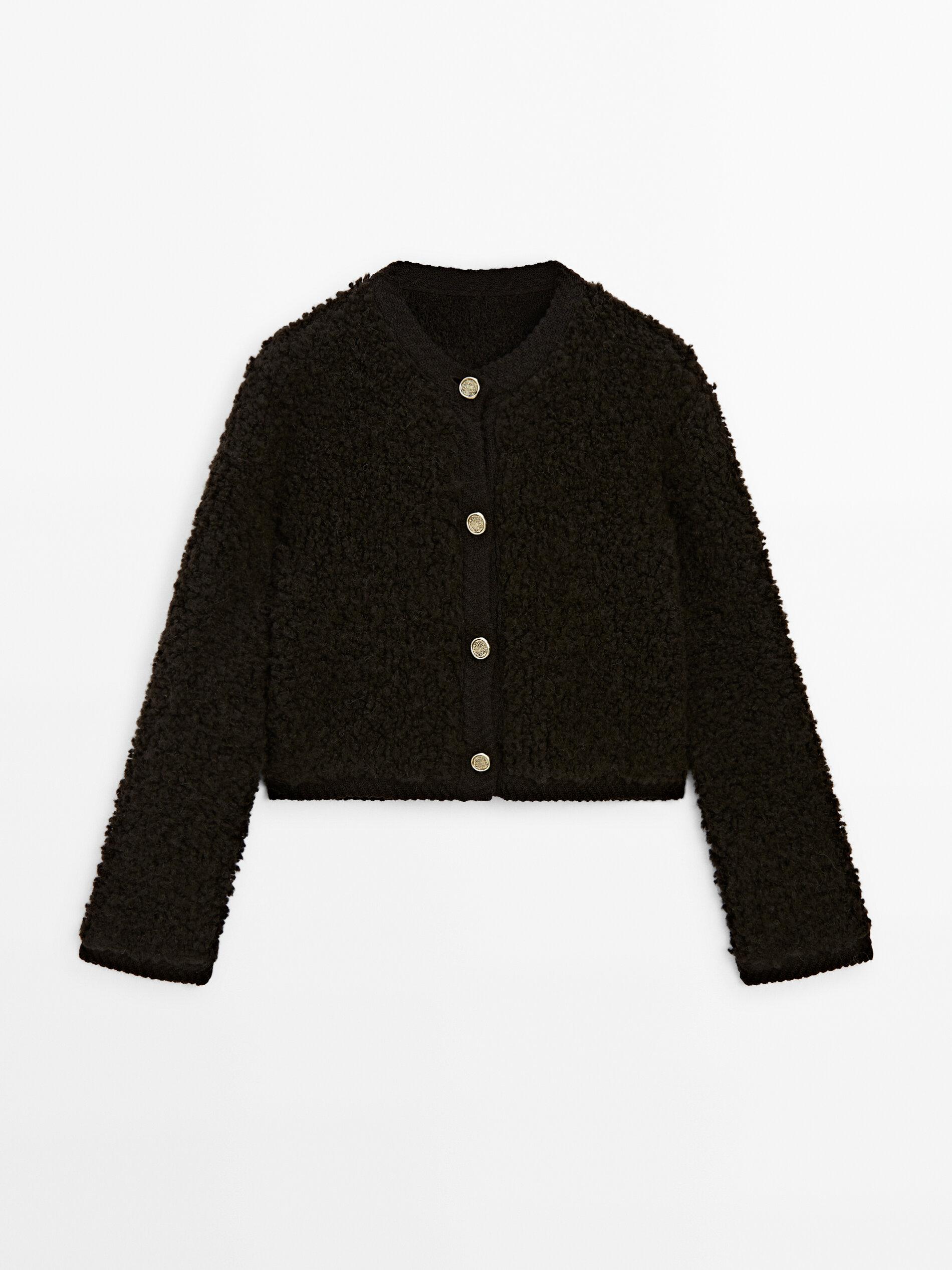 MASSIMO DUTTI Bouclé Cardigan With Rhinestone Button in Blue | Lyst UK