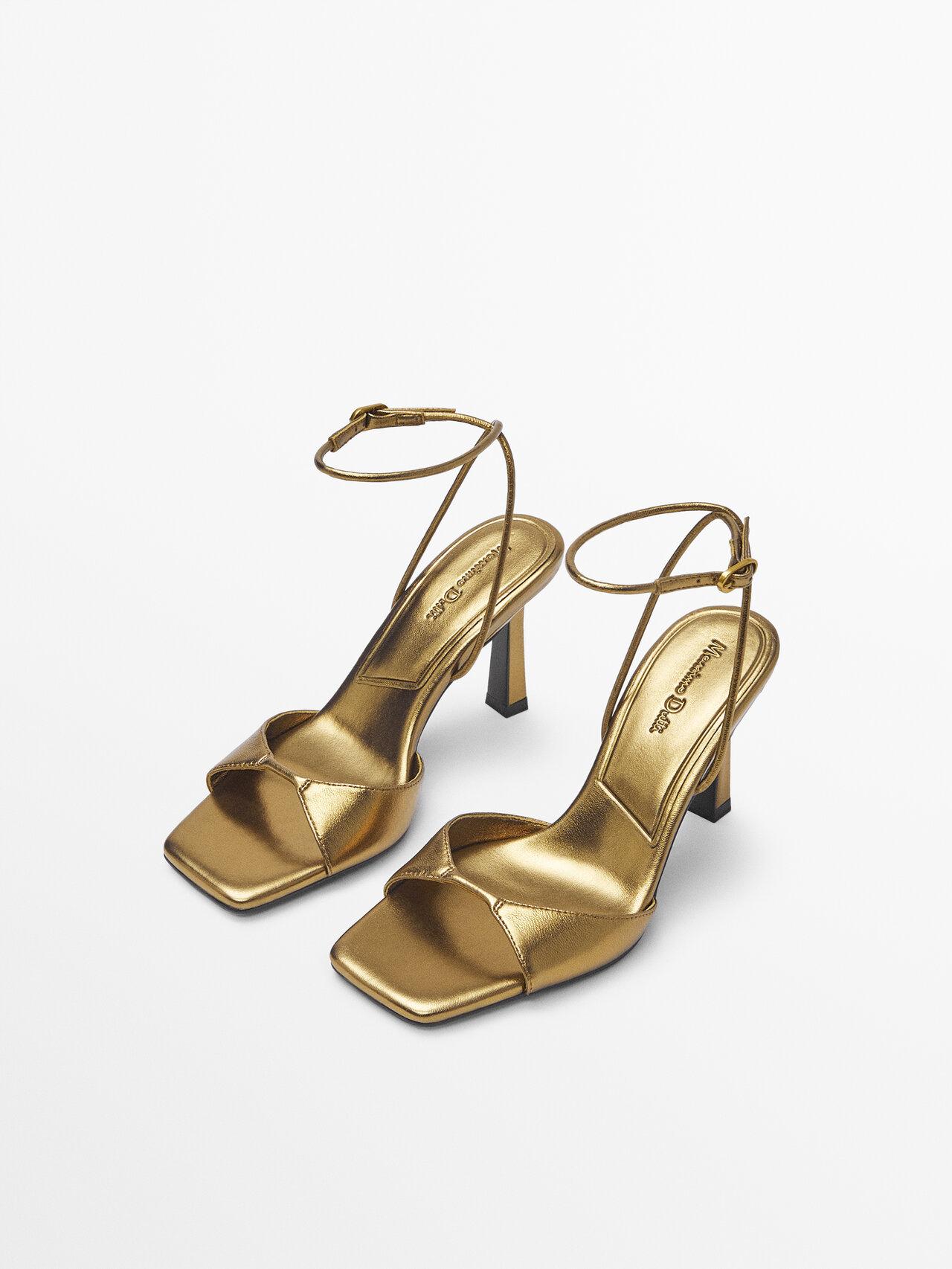 MASSIMO DUTTI High-heel Leather Sandals With Square Toe in Metallic | Lyst