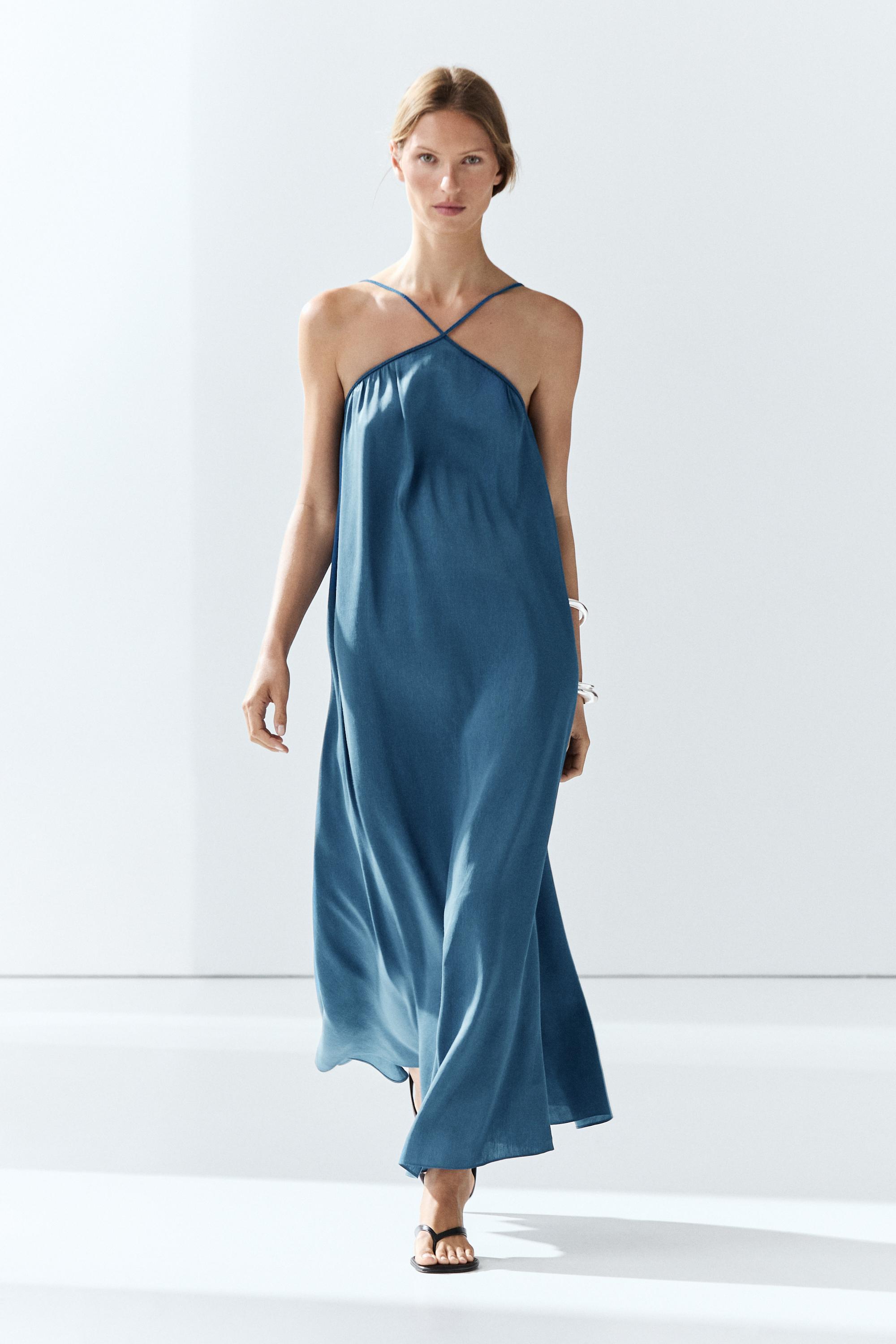 massimo maxi dress Massimo Dutti LONG FLOUNCE WITH PINTUCKS - Maxi dress - blue grey/blue-grey