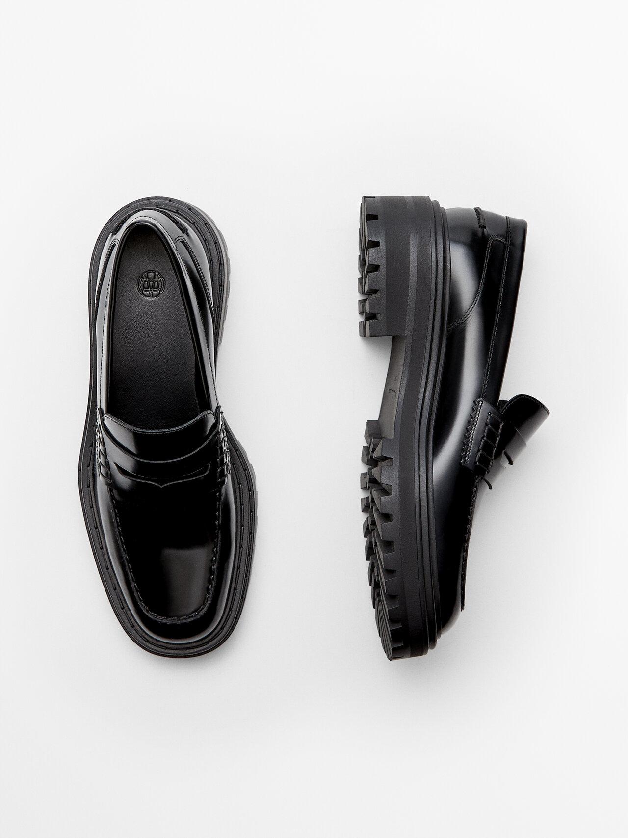 MASSIMO DUTTI Black Leather Loafers With Track Soles | Lyst