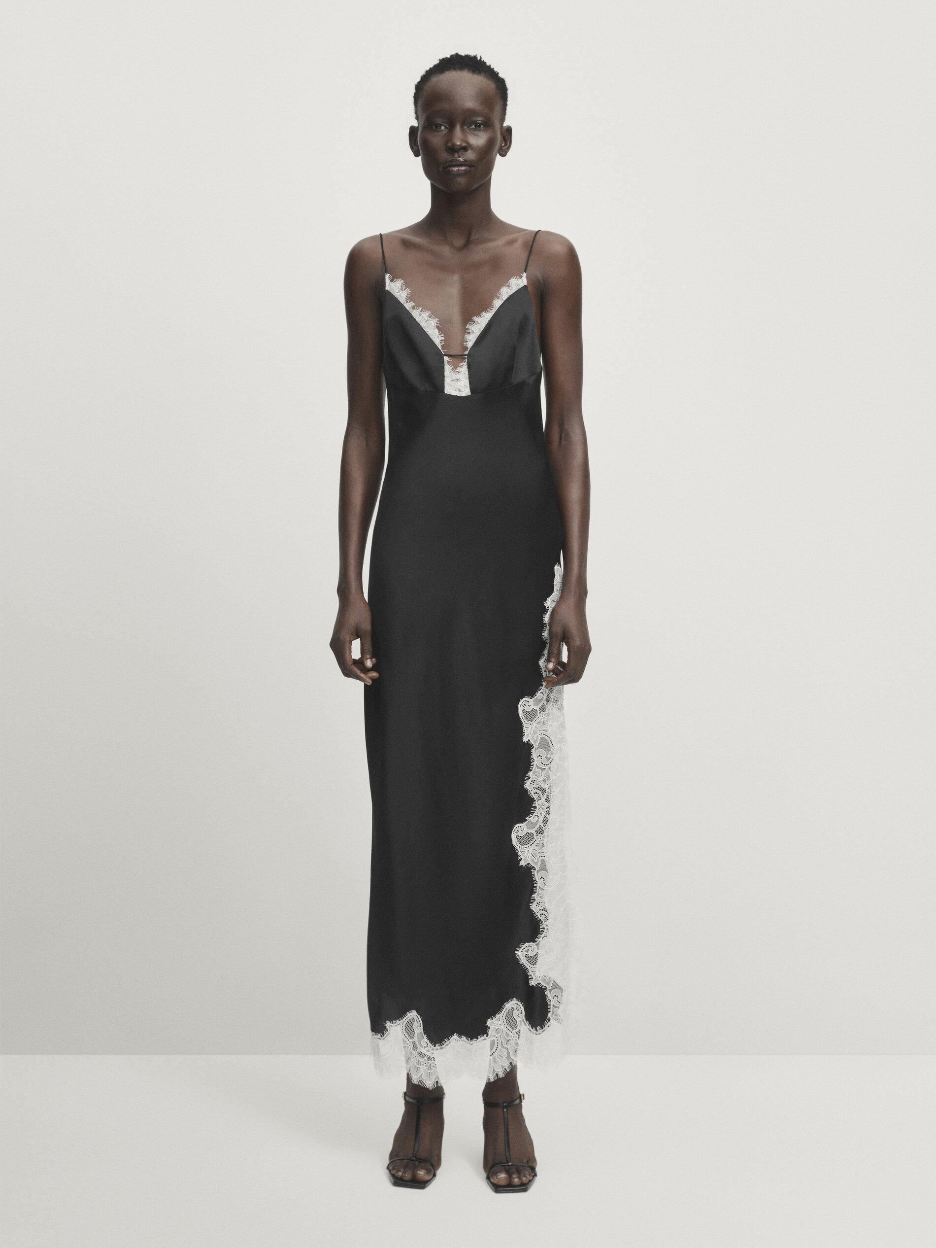 MASSIMO DUTTI Satin Camisole Dress With Contrast Lace in
