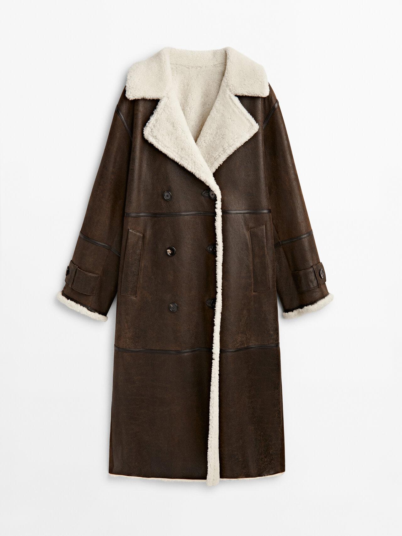 MASSIMO DUTTI Double-breasted Mouton Leather Coat in Brown | Lyst