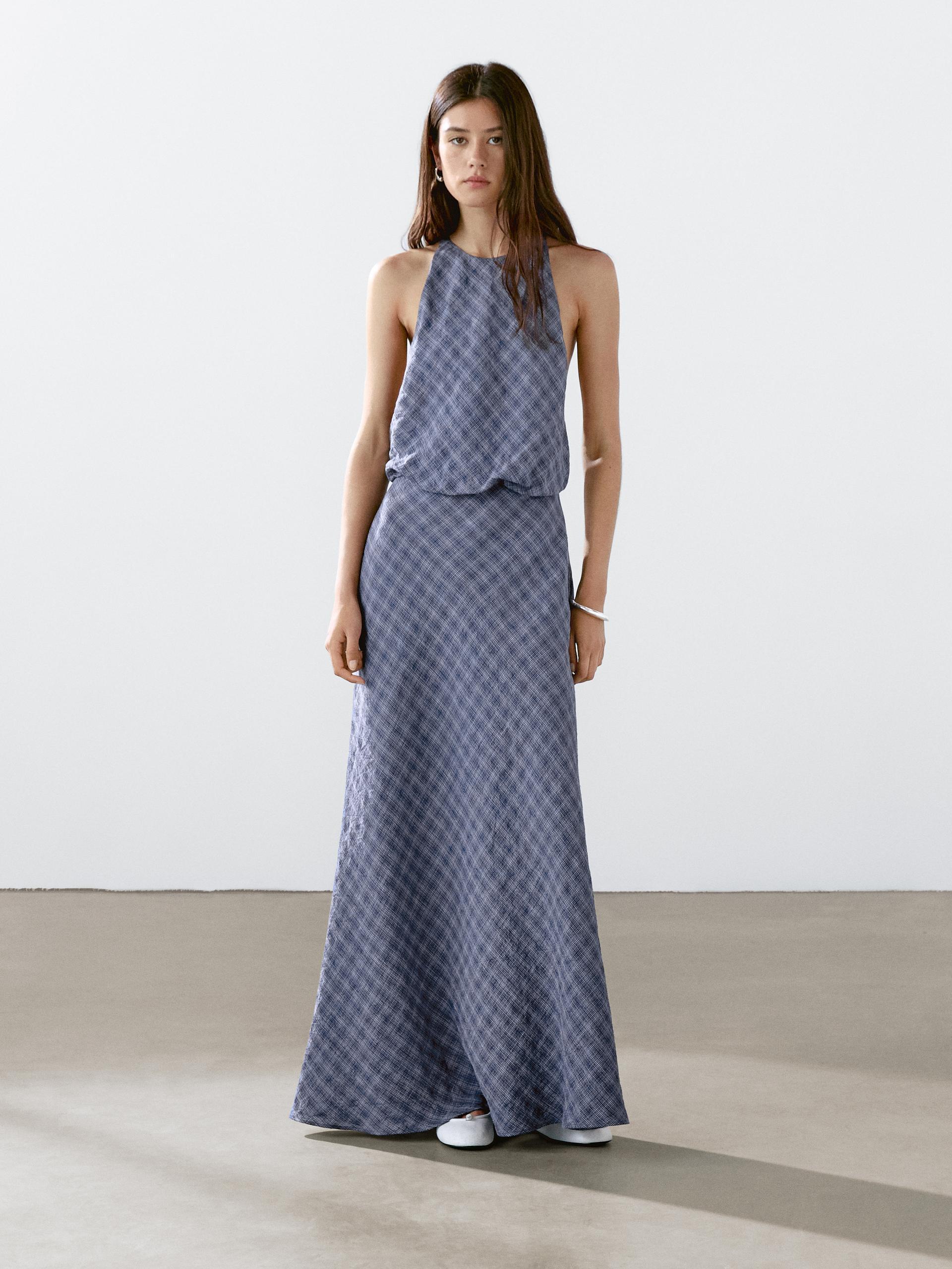 MASSIMO DUTTI Long Checked Dress With Back Detail in Blue