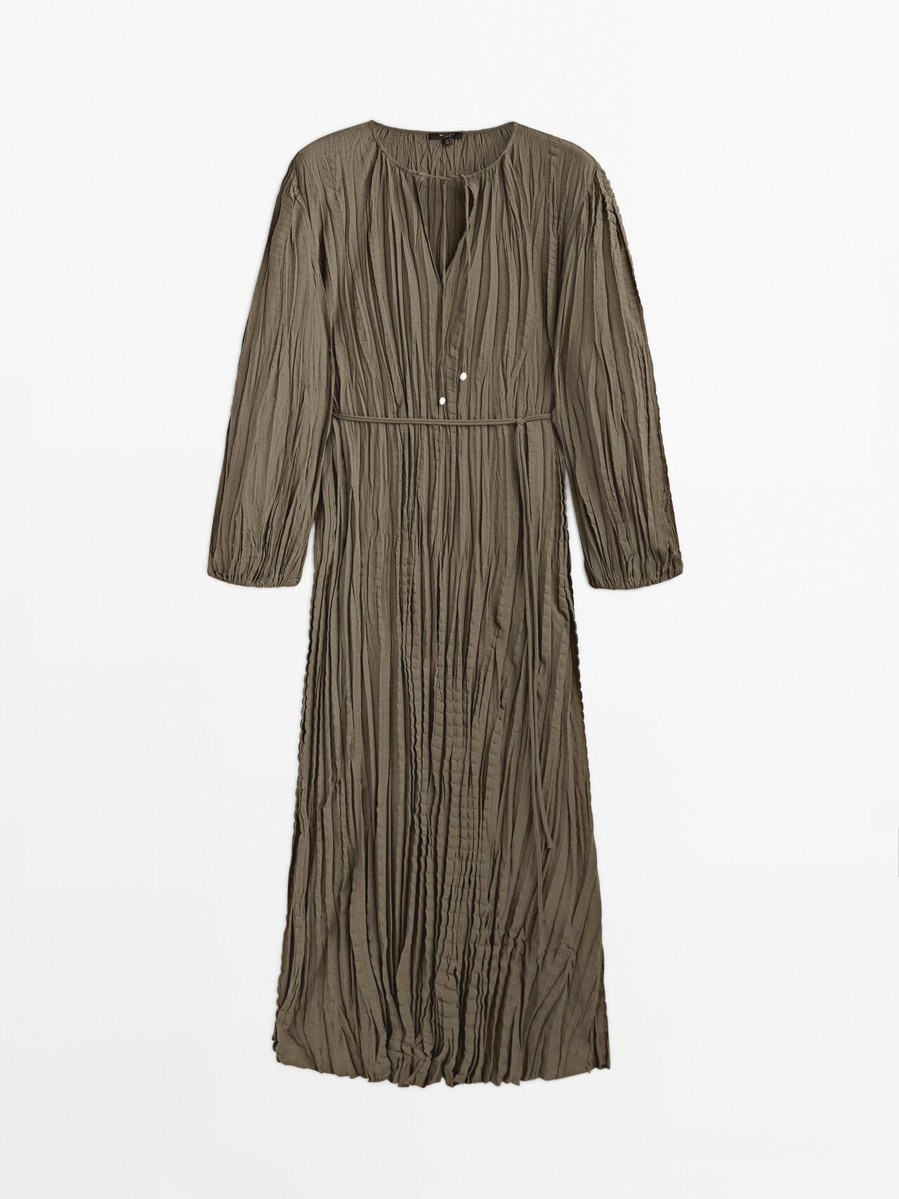 MASSIMO DUTTI Pleated Midi Dress With Drawstrings in Natural Lyst