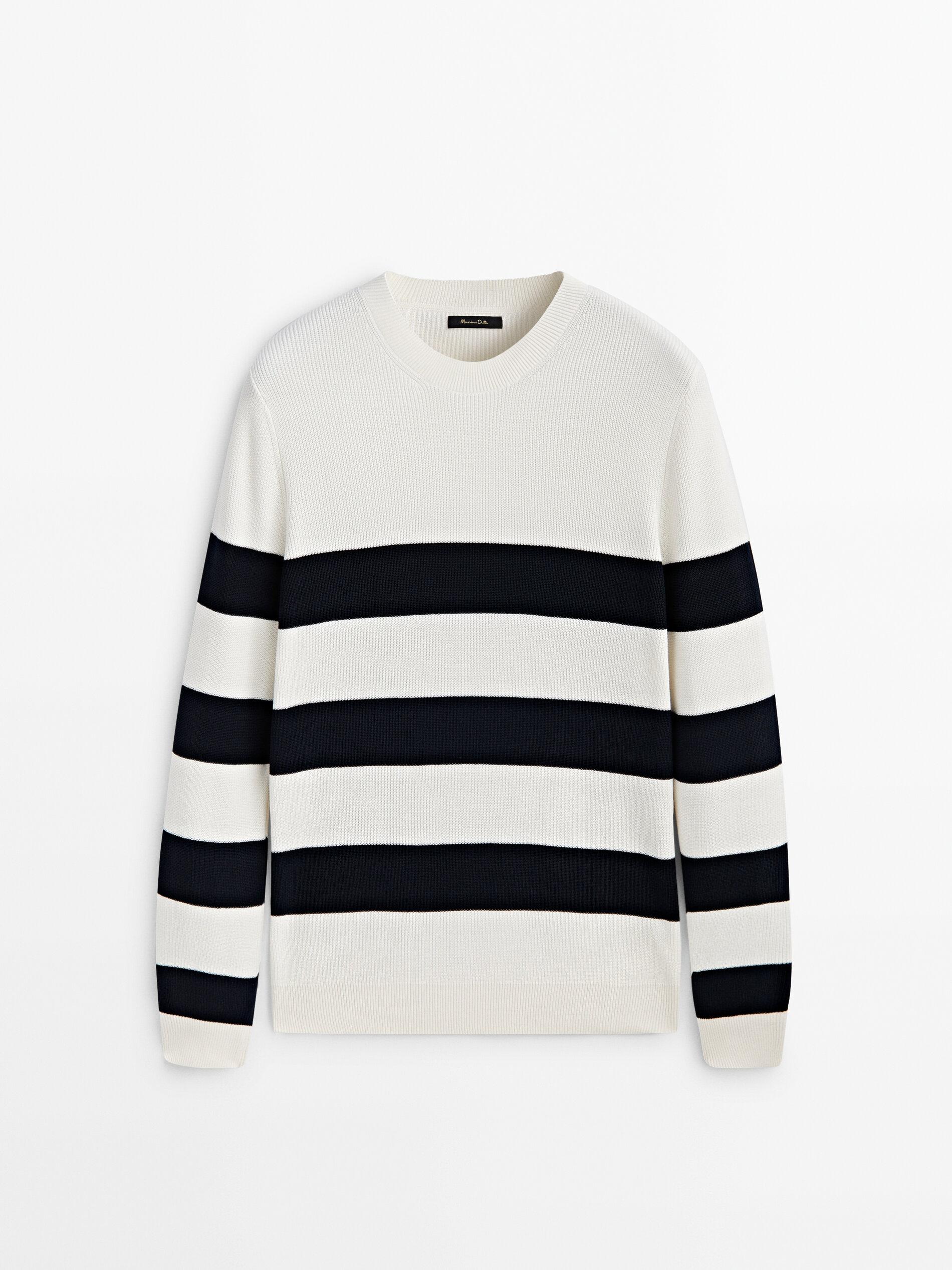 MASSIMO DUTTI Striped Knit Crew Neck Sweater in White for Men | Lyst