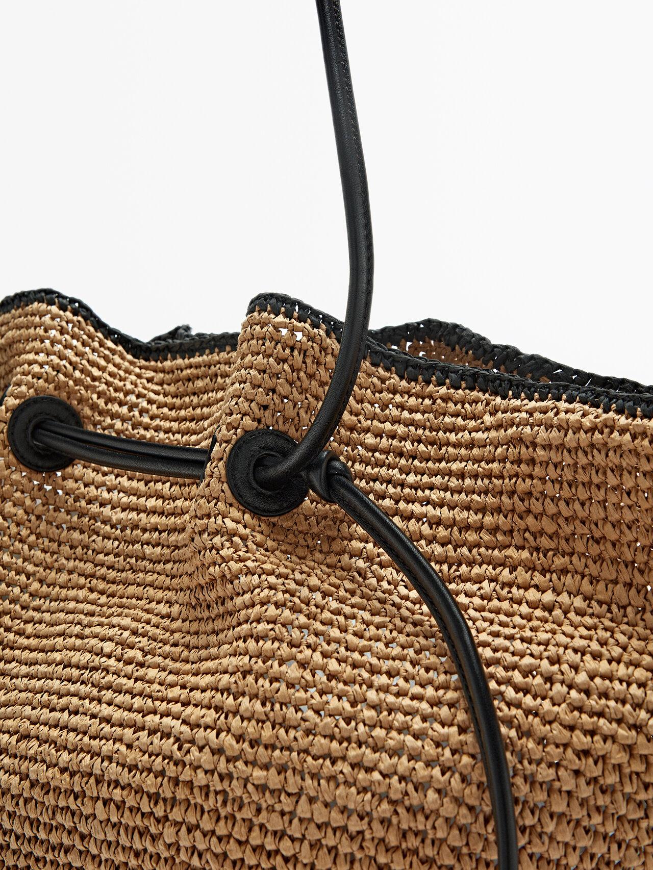 MASSIMO DUTTI Floral Raffia Tote Bag With Leather Handles in Natural | Lyst