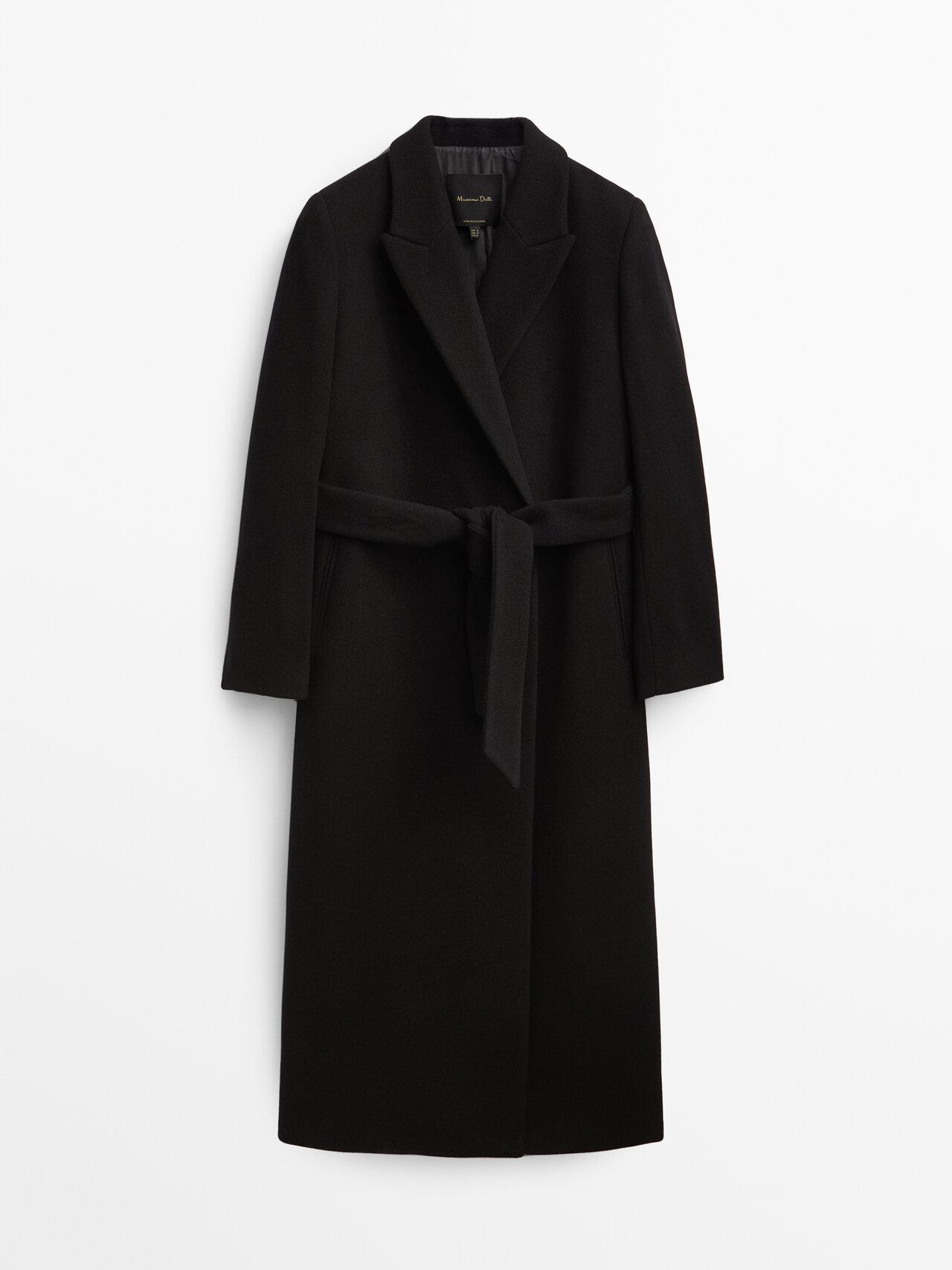 MASSIMO DUTTI Long Wool Blend Robe Coat in Black