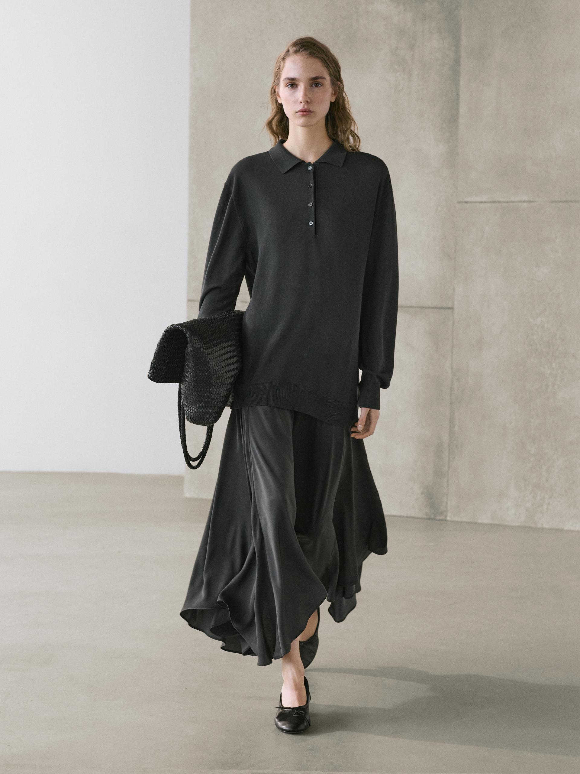 MASSIMO DUTTI Combined Knit Polo Dress in Black