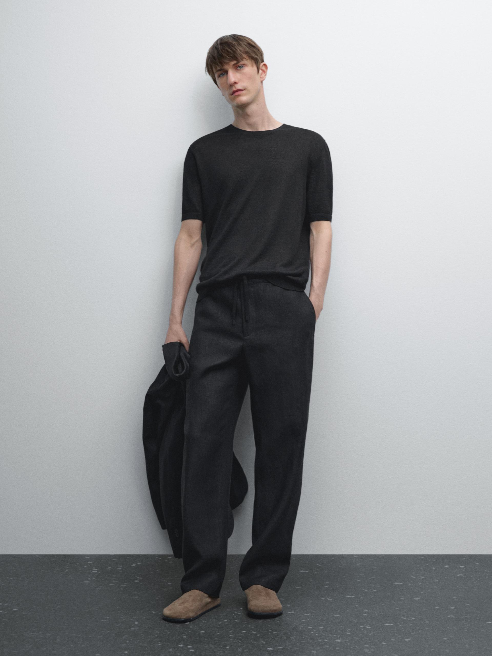 MASSIMO DUTTI 100% Linen Short Sleeve Knit T-Shirt in Black for