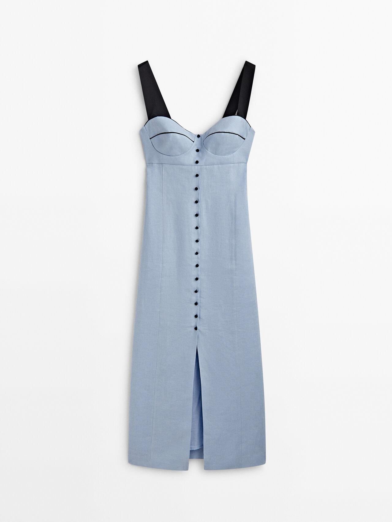 MASSIMO DUTTI Linen Sweetheart Neck Dress With Contrast Detail - Studio in  Blue | Lyst
