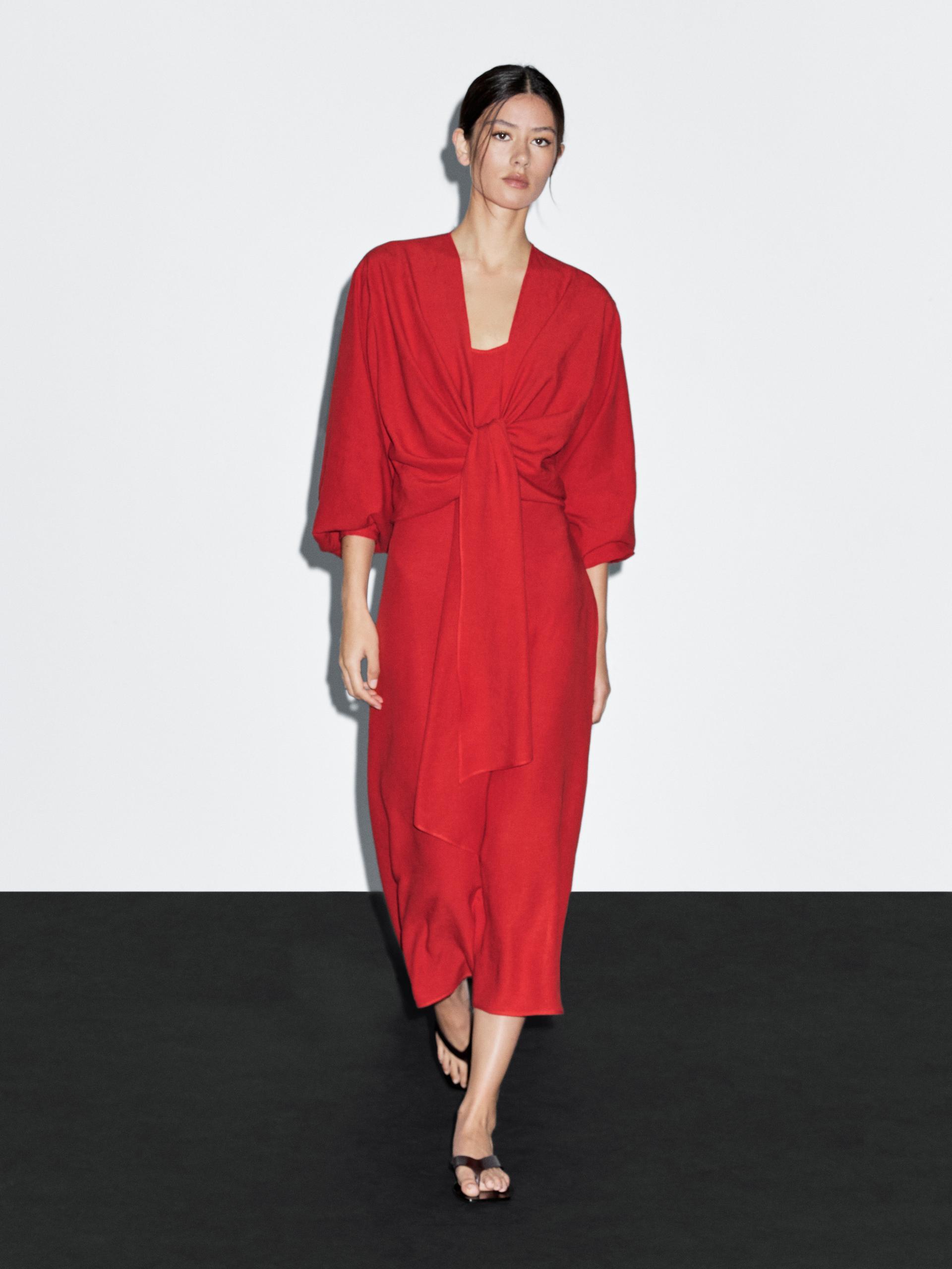 massimo dutti red dress Massimo Dutti Long Sleeve Satin Midi Dress - Queen Letizia Dresses