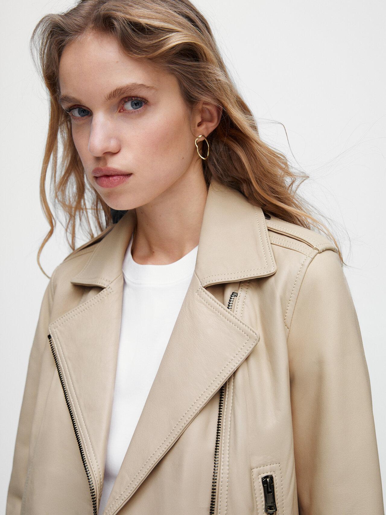 MASSIMO DUTTI Nappa Leather Biker Jacket in Natural | Lyst