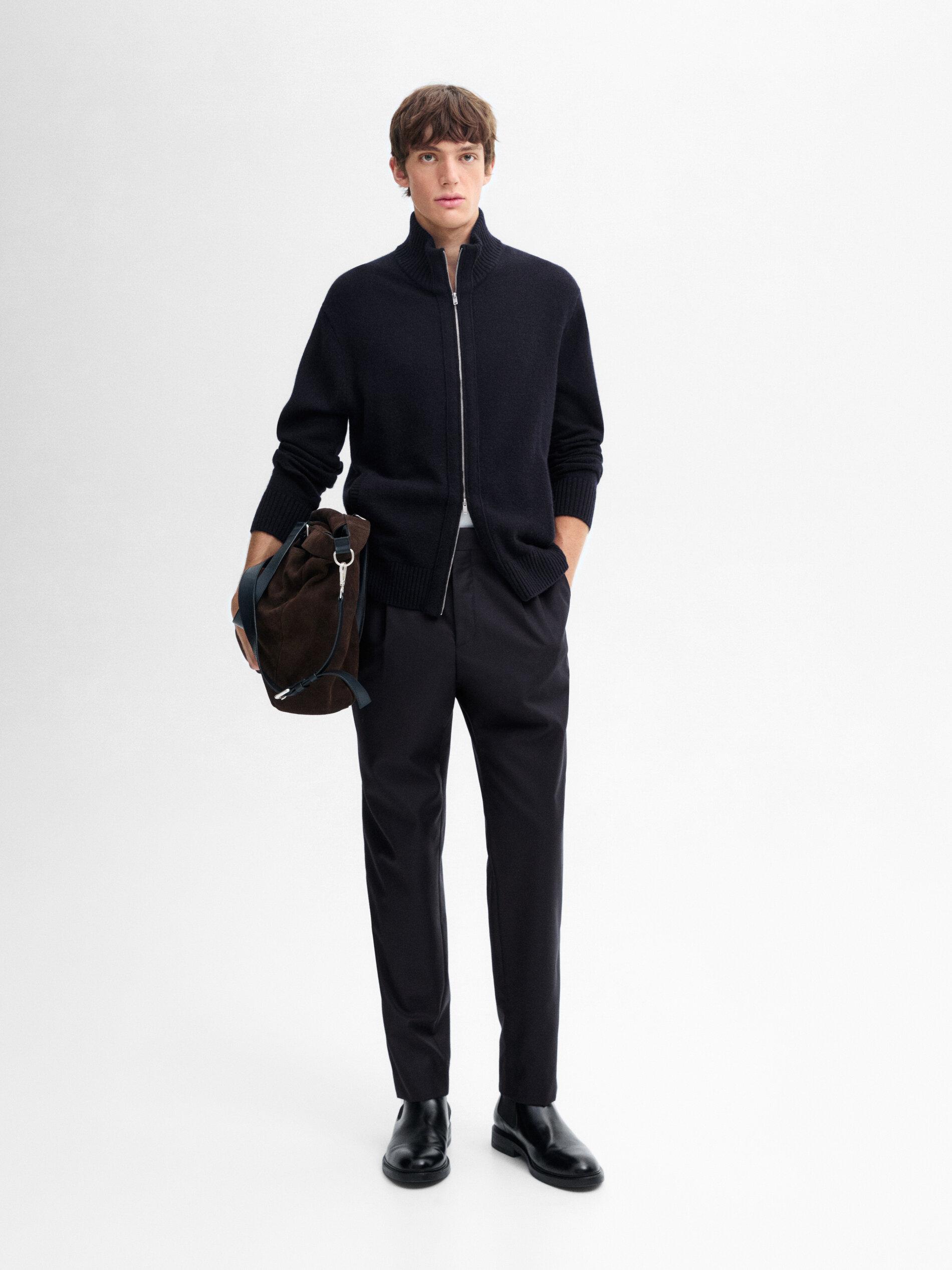 MASSIMO DUTTI Wool Blend Zip-Up Knit Cardigan in Blue for Men