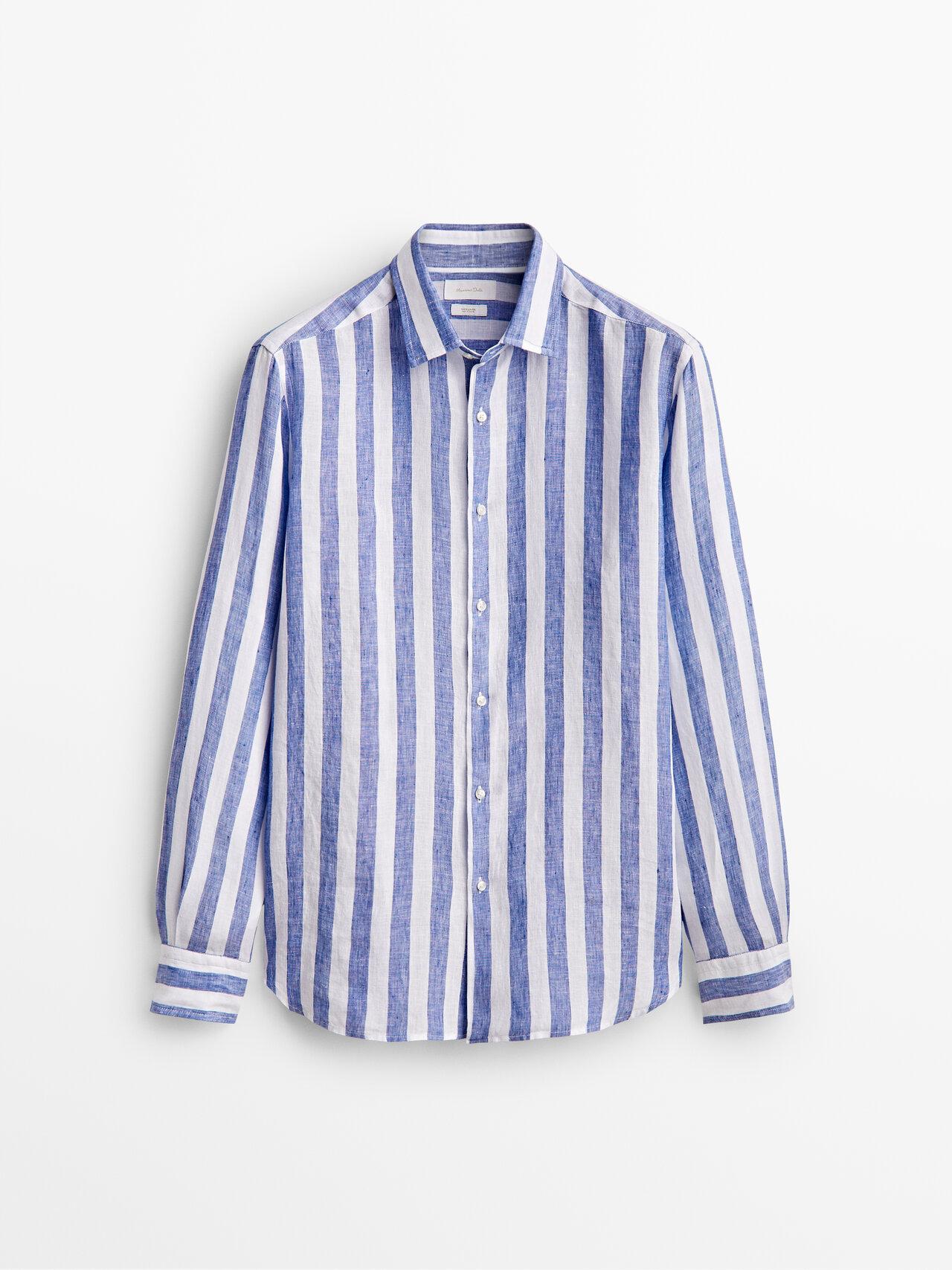 MASSIMO DUTTI Slim-fit Wide-striped Linen Shirt in Blue for Men | Lyst