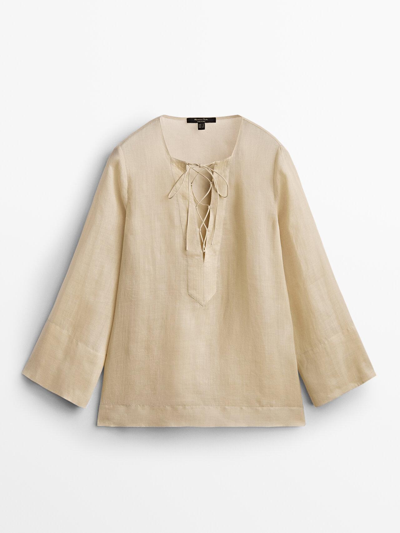 MASSIMO DUTTI Ramie Shirt With Cord Neckline in Natural | Lyst