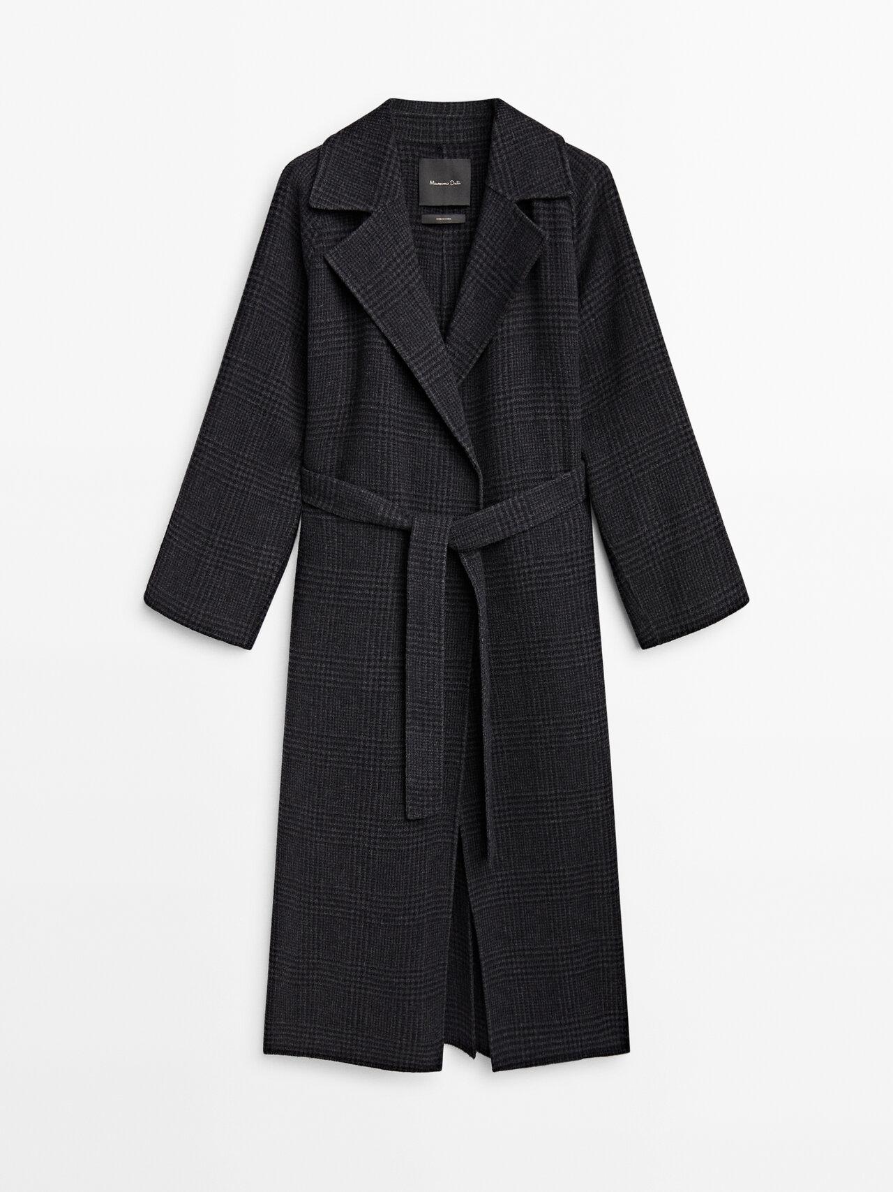 MASSIMO DUTTI Long Wool Blend Check Robe Coat in Black | Lyst