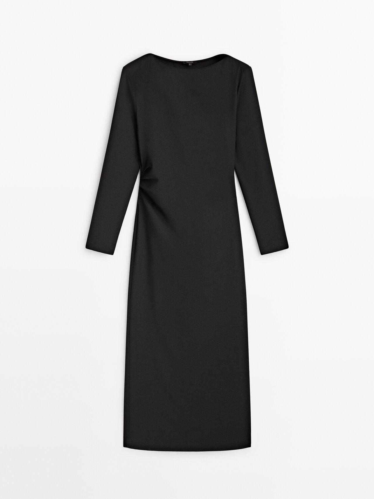 MASSIMO DUTTI Black Midi Dress With Gathered Side | Lyst