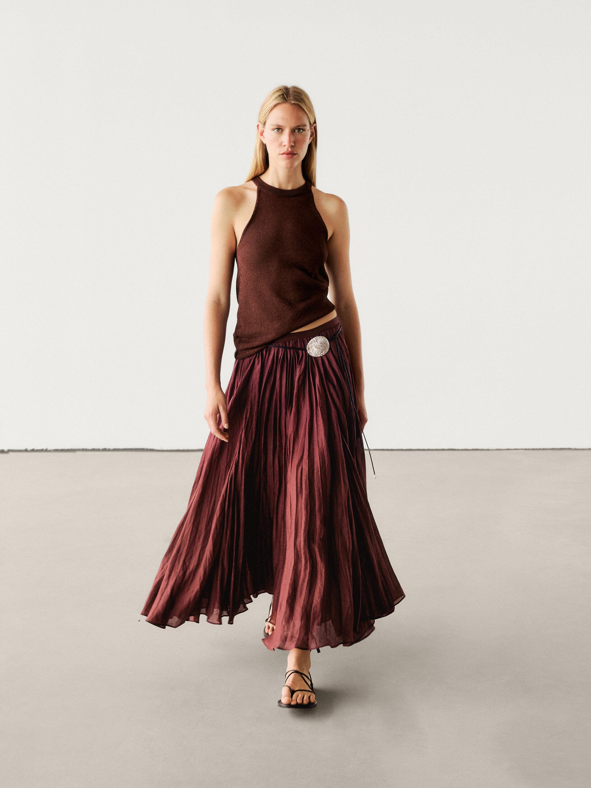 MASSIMO DUTTI Pleated Ramie Midi Skirt | Lyst UK