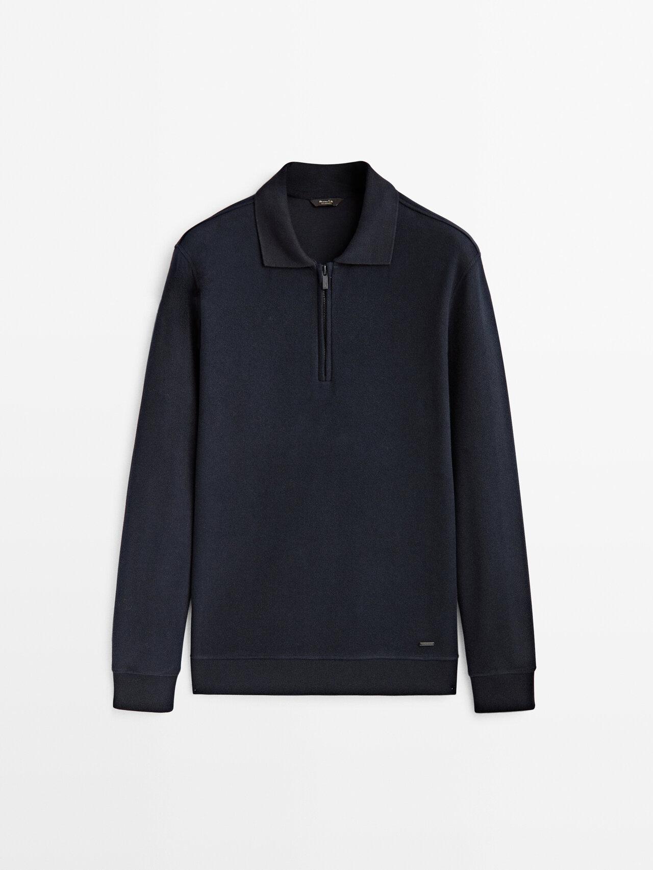 MASSIMO DUTTI Long Sleeve Polo Shirt With Zipup Collar in Blue for Men