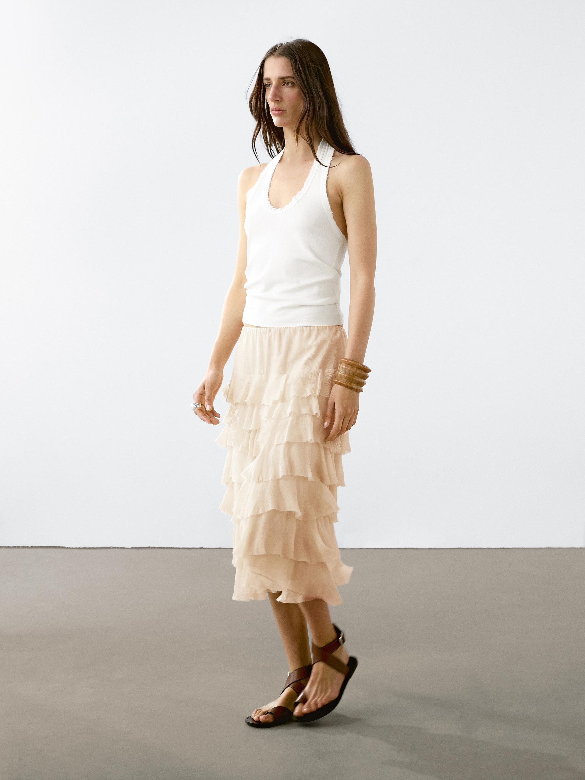 ★ Massimo Dutti★ Midi skirt with frill details on semi-lo Midi skirt with ruffle detail · Chocolate · Sunglasses