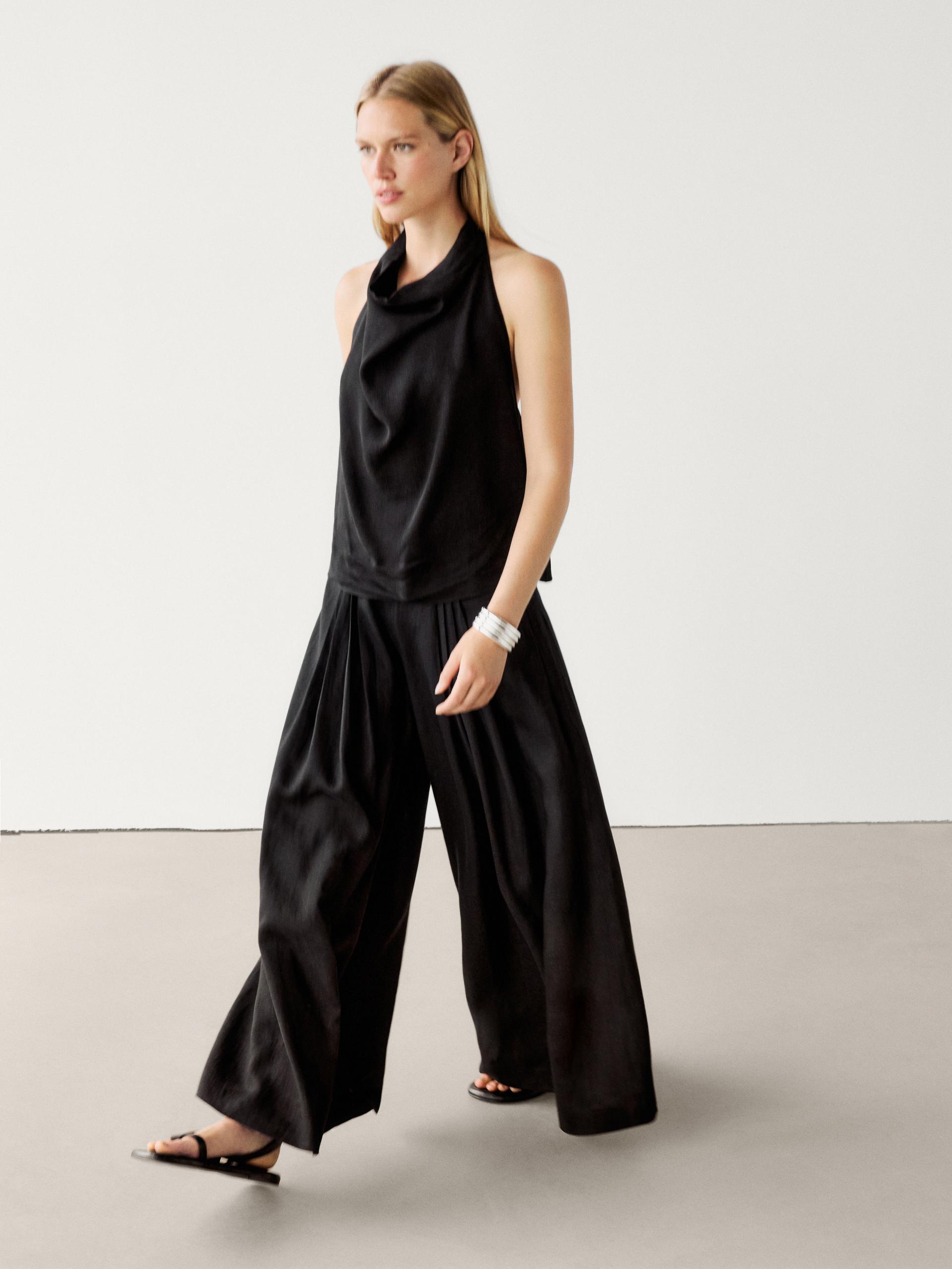 Top Halter Lazada Con Lino MASSIMO DUTTI de color Negro Lyst