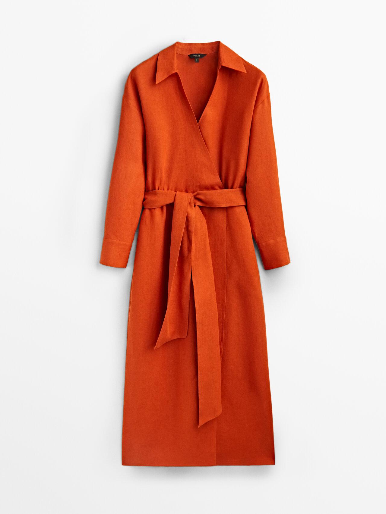 MASSIMO DUTTI Long Surplice Linen Dress in Orange | Lyst
