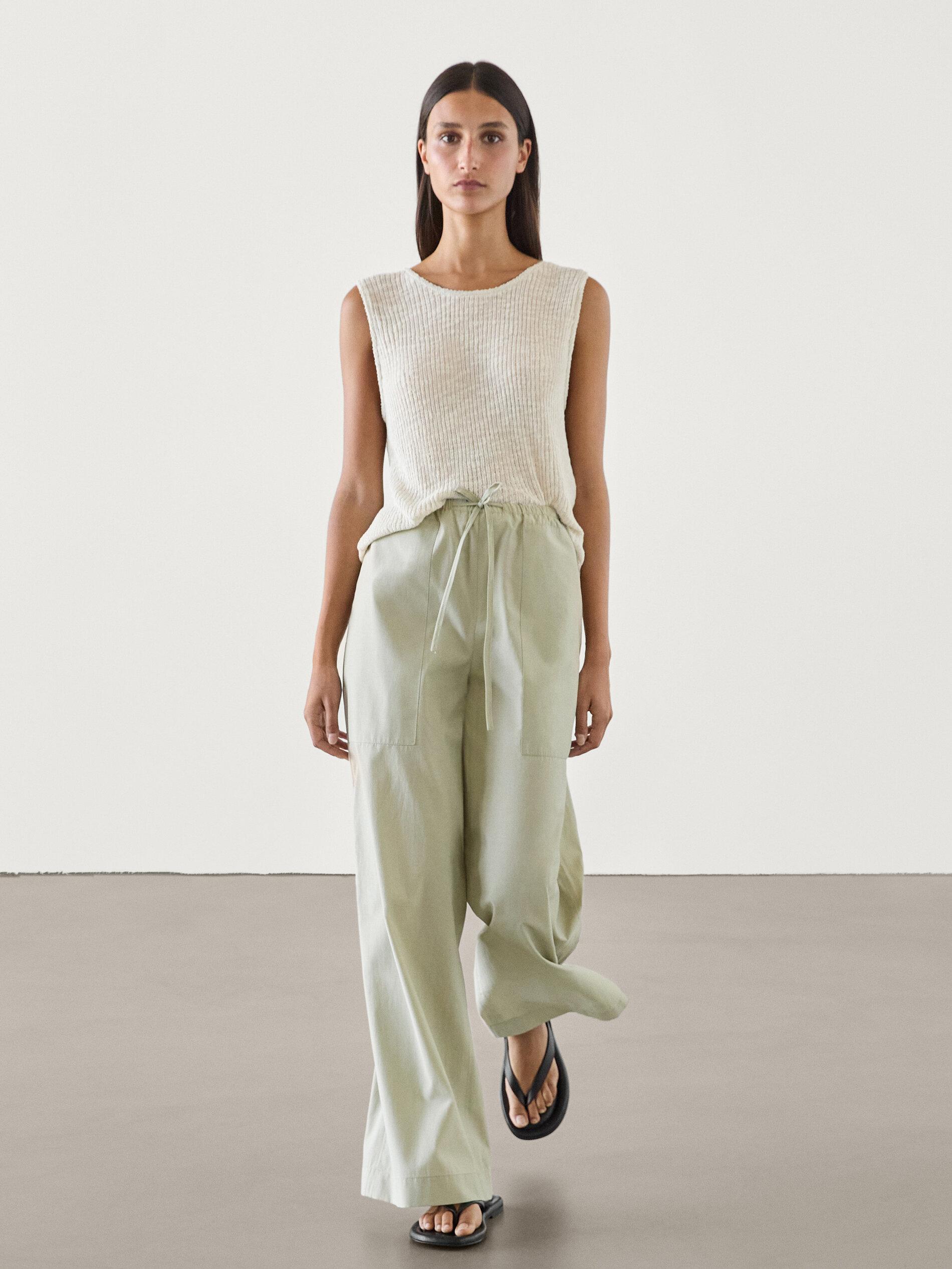 MASSIMO DUTTI Poplin Drawstring Jogger-Fit Trousers in Natural