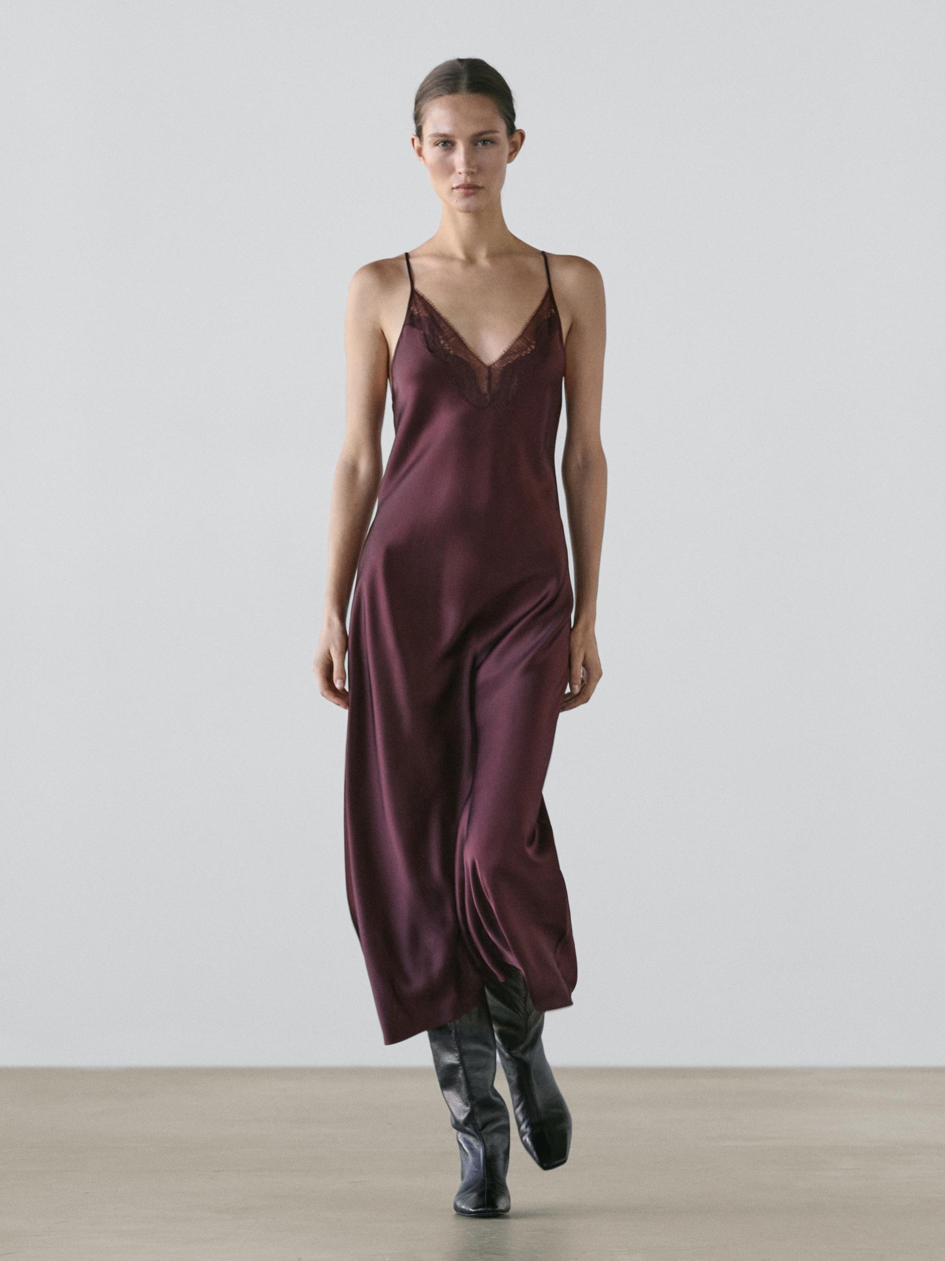 massimo dutti brown slip dress Flowing Midi in Red Color:Fuschia Outfmvch Black dresses for AW-PD-11164 Finished with a Vcut