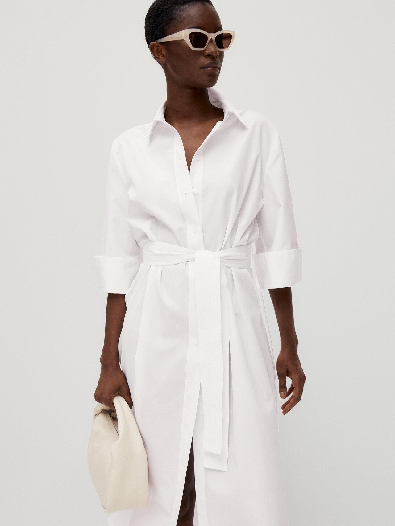 MASSIMO DUTTI Long Poplin Dress With Tie in White | Lyst