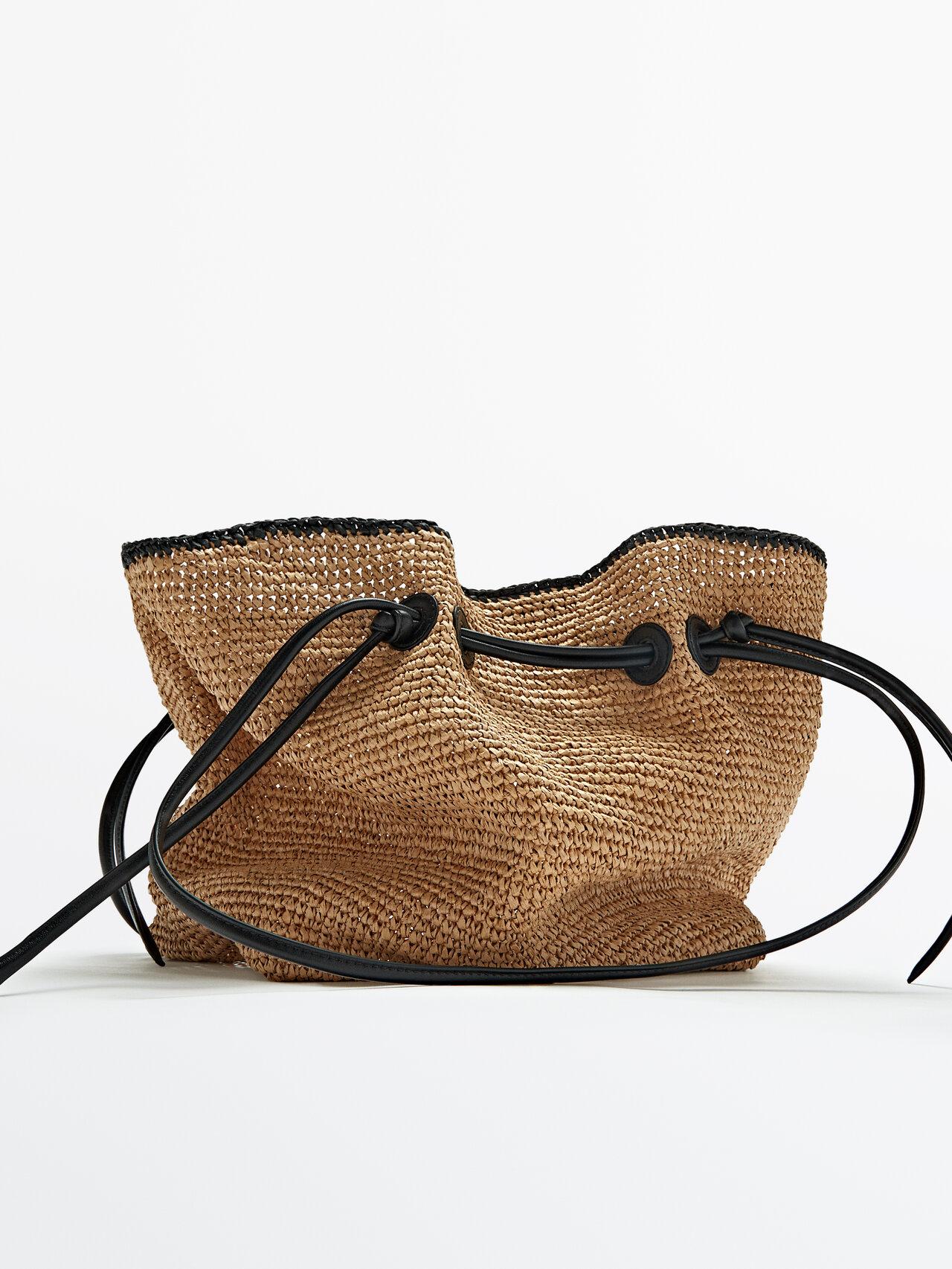MASSIMO DUTTI Floral Raffia Tote Bag With Leather Handles in Natural | Lyst