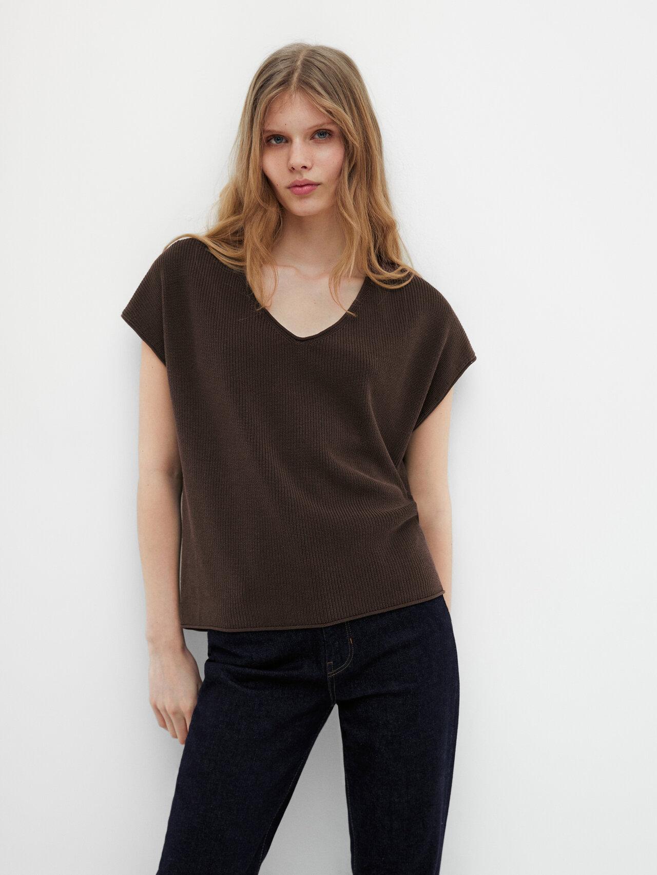 MASSIMO DUTTI V-neck Sweater With Short Sleeves in Brown | Lyst