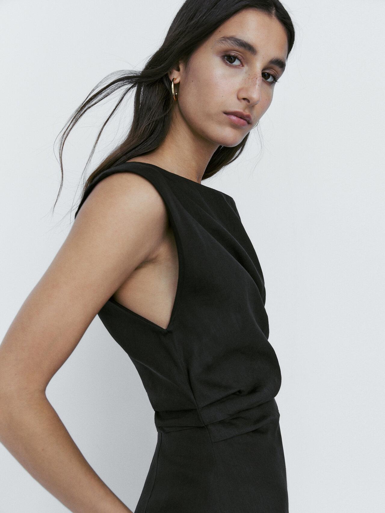 MASSIMO DUTTI Linen Blend Dress With Ruched Detail On The Side in Black |  Lyst