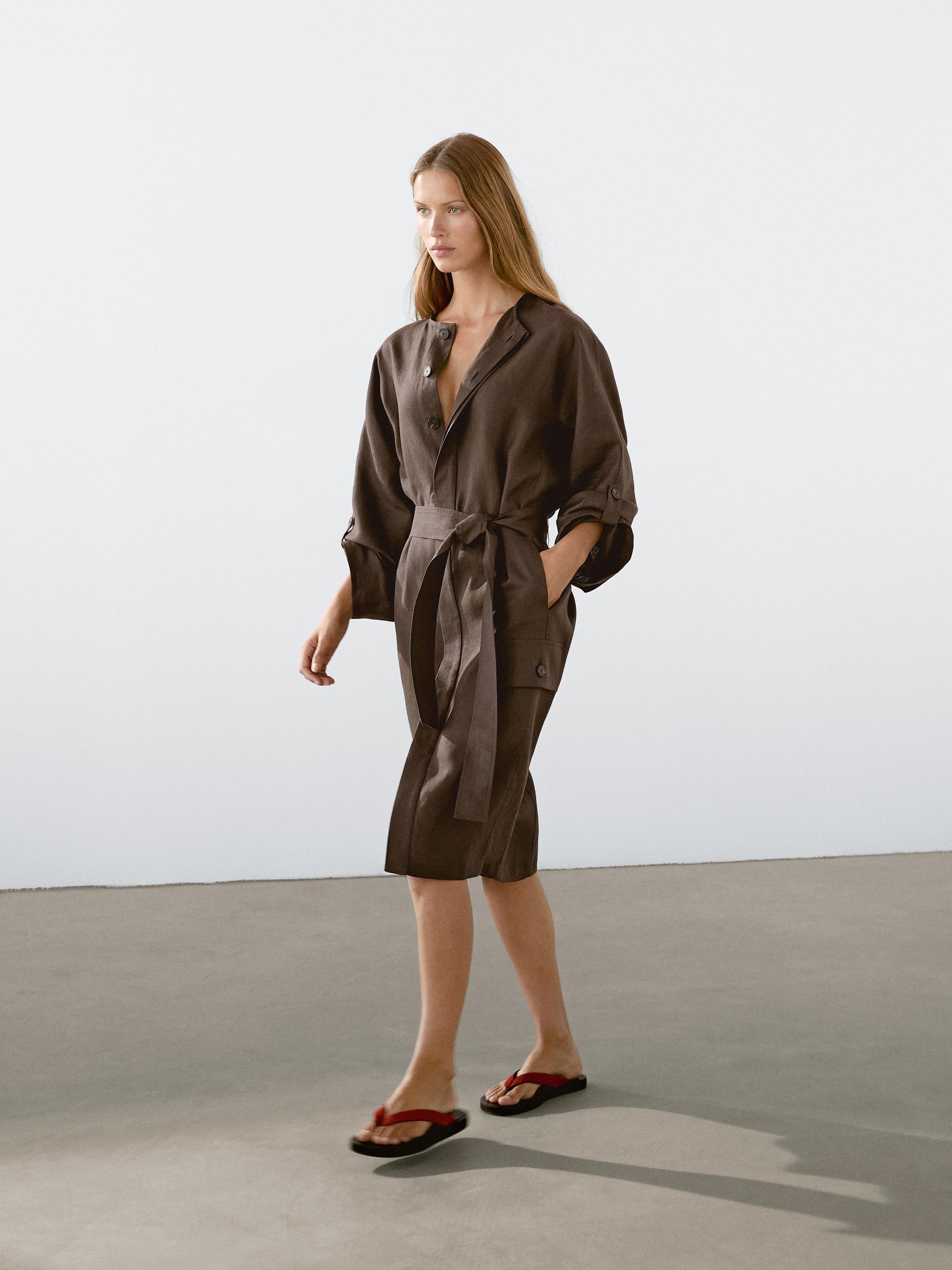 MASSIMO DUTTI 100% Linen Shirt Dress in Brown | Lyst