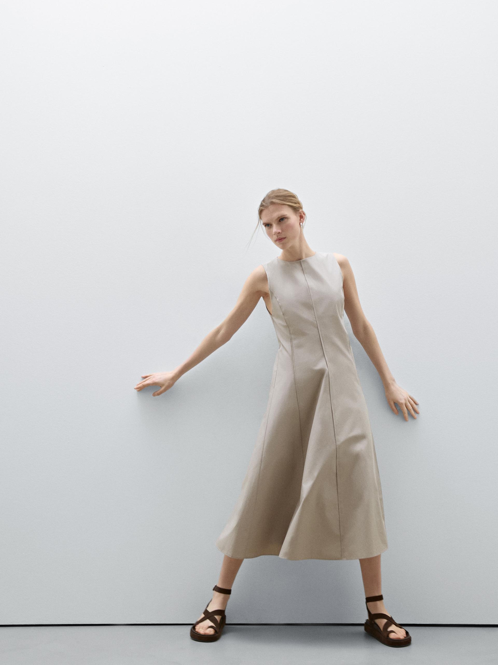 MASSIMO DUTTI Poplin Flounce Midi Dress in Natural | Lyst UK