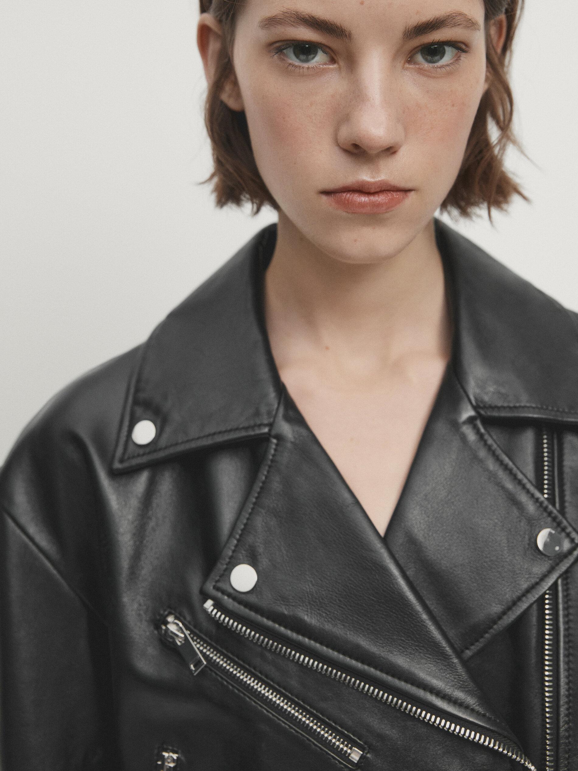 Black leather jacket massimo dutti hot sale