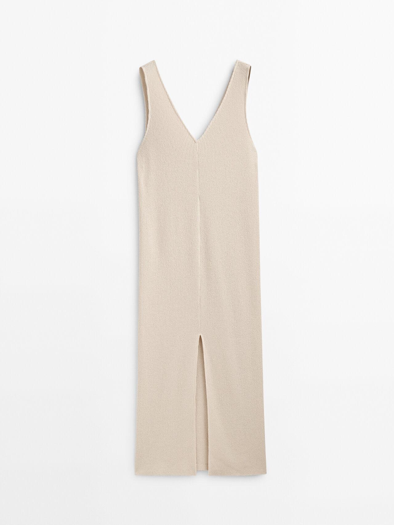 MASSIMO DUTTI Textured V-neck Dress With Slit in White | Lyst