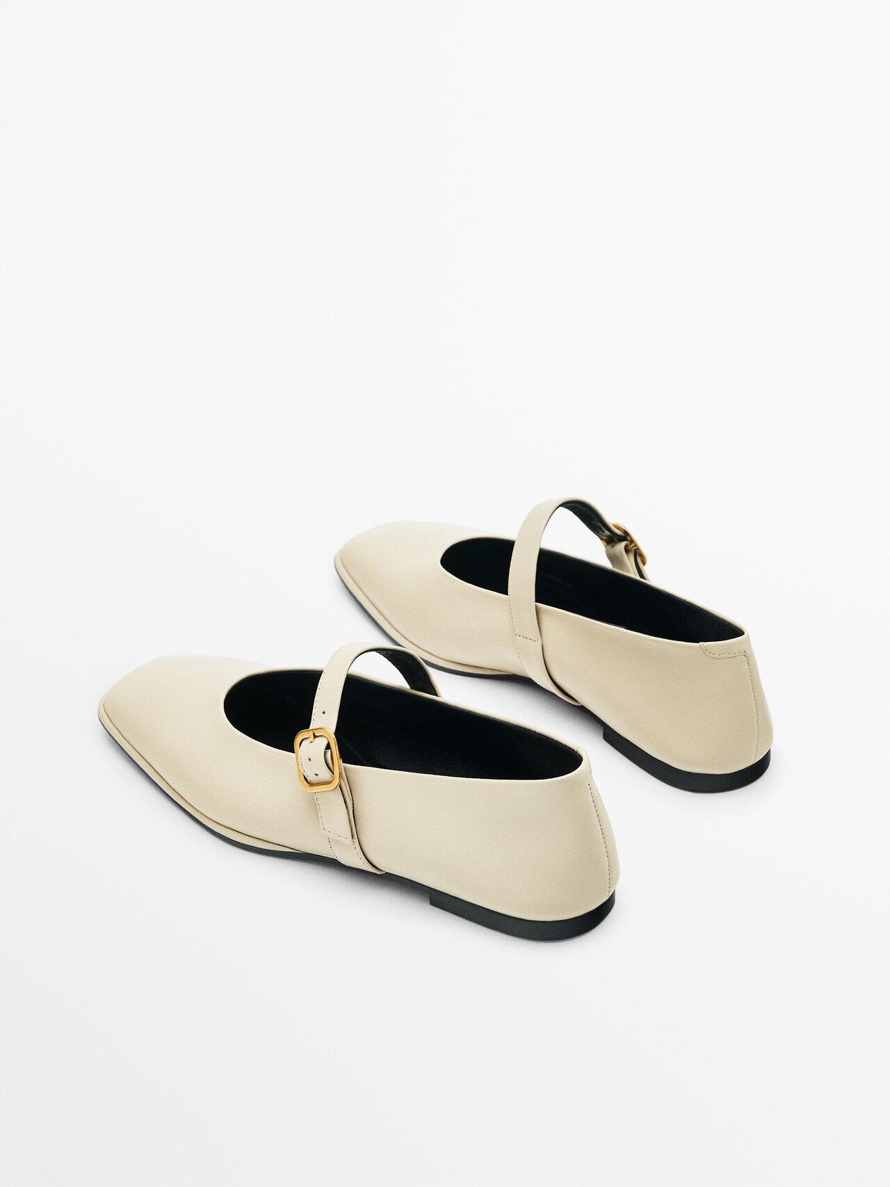 MASSIMO DUTTI Square Ballet Flats With Buckled Strap in Natural | Lyst