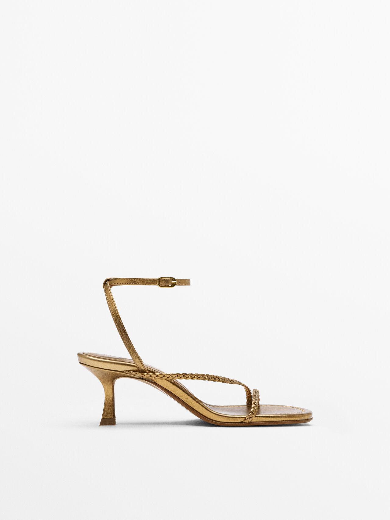 MASSIMO DUTTI Mid-heel Leather Sandals With Plaited Straps in Metallic |  Lyst