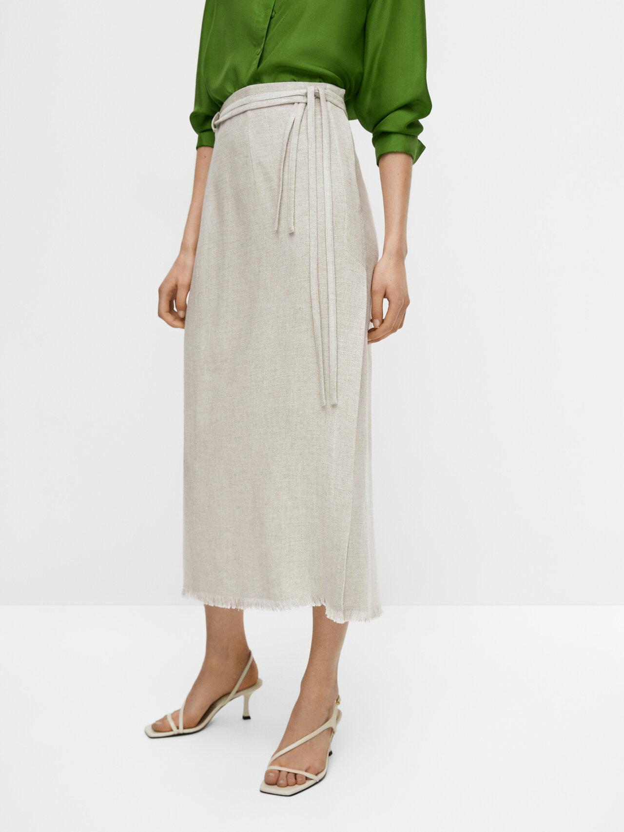 MASSIMO DUTTI Frayed Midi Skirt With Belt in Natural | Lyst