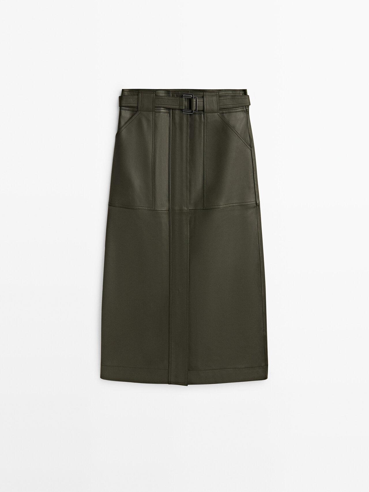 MASSIMO DUTTI Nappa Leather Skirt With Pockets in Green | Lyst