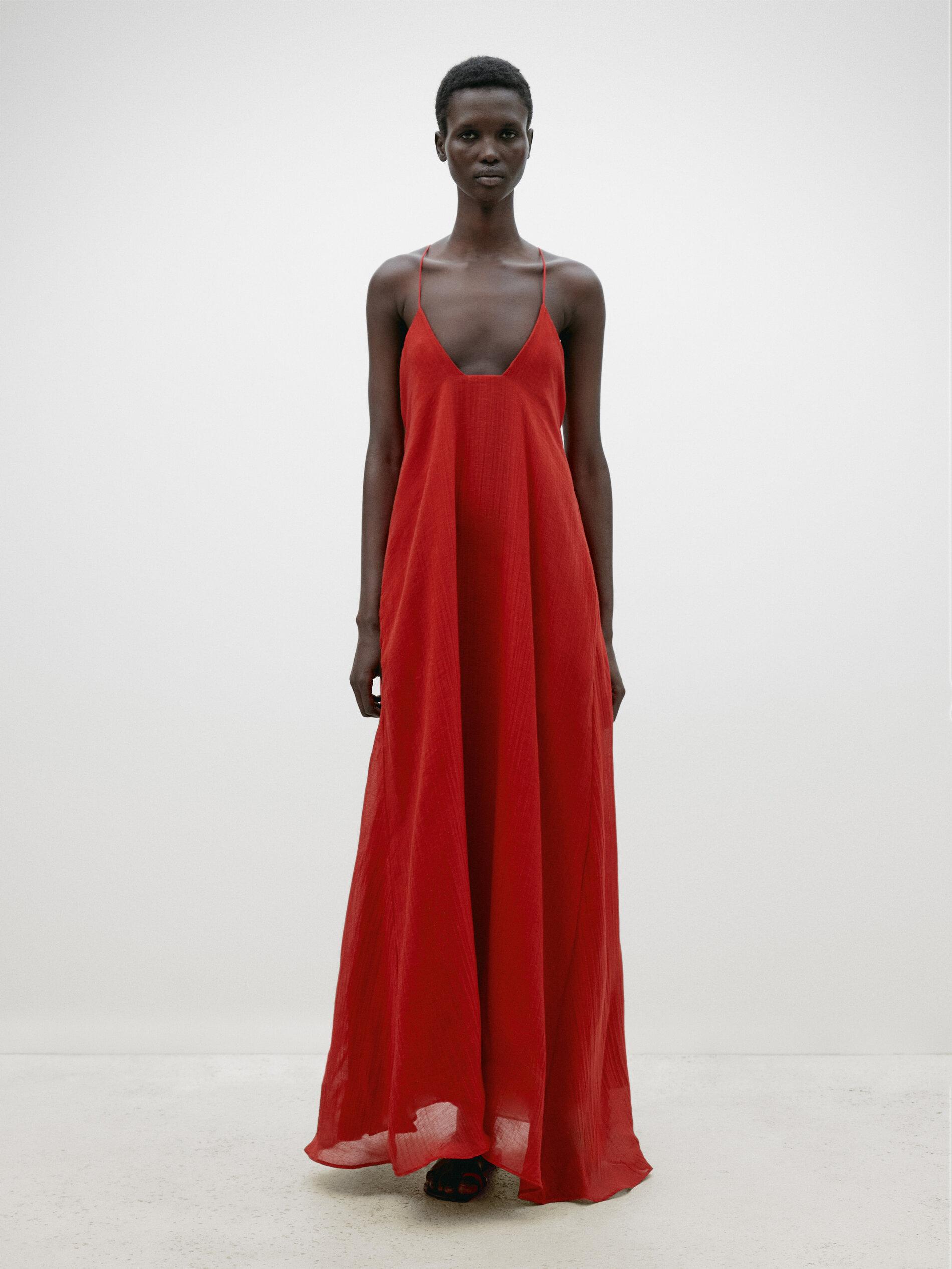 MASSIMO DUTTI Long Strappy Dress With Neckline Detail in Red Lyst UK