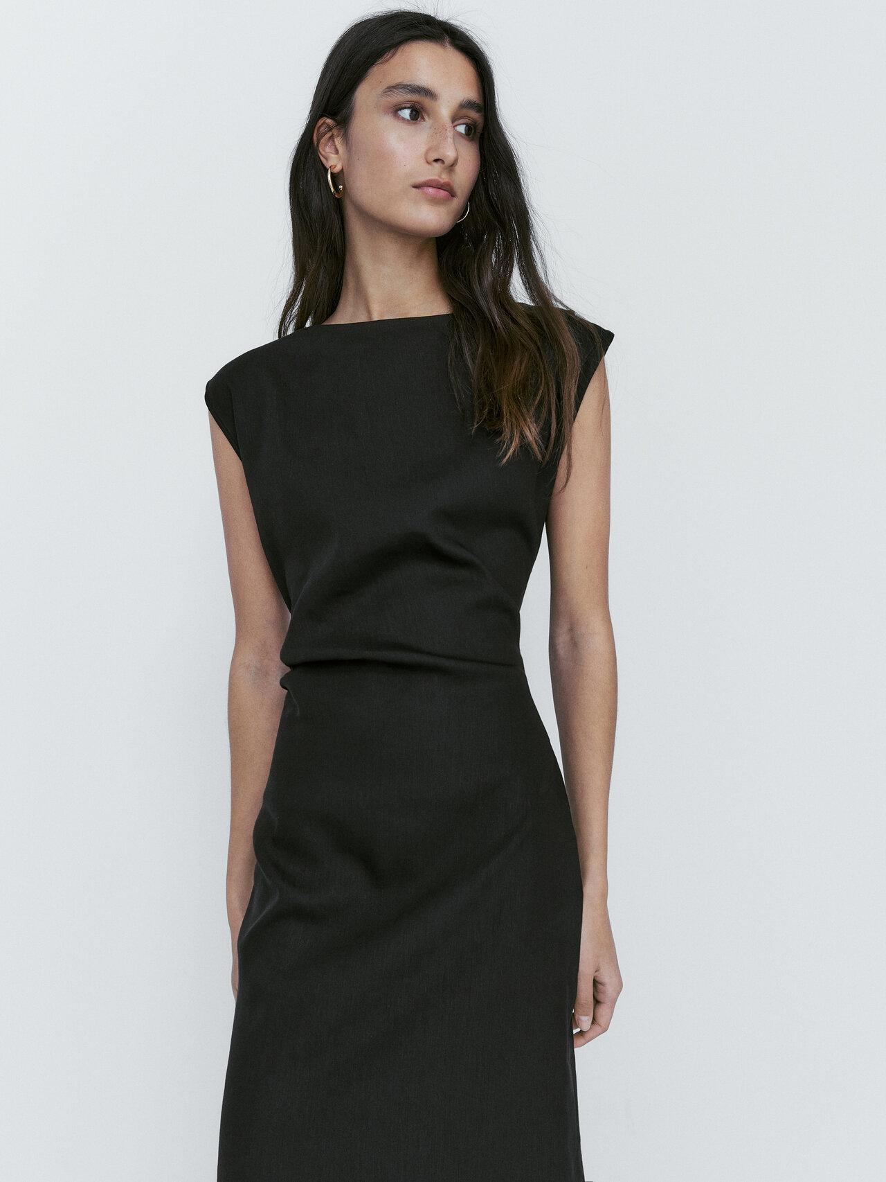 MASSIMO DUTTI Linen Blend Dress With Ruched Detail On The Side in Black |  Lyst
