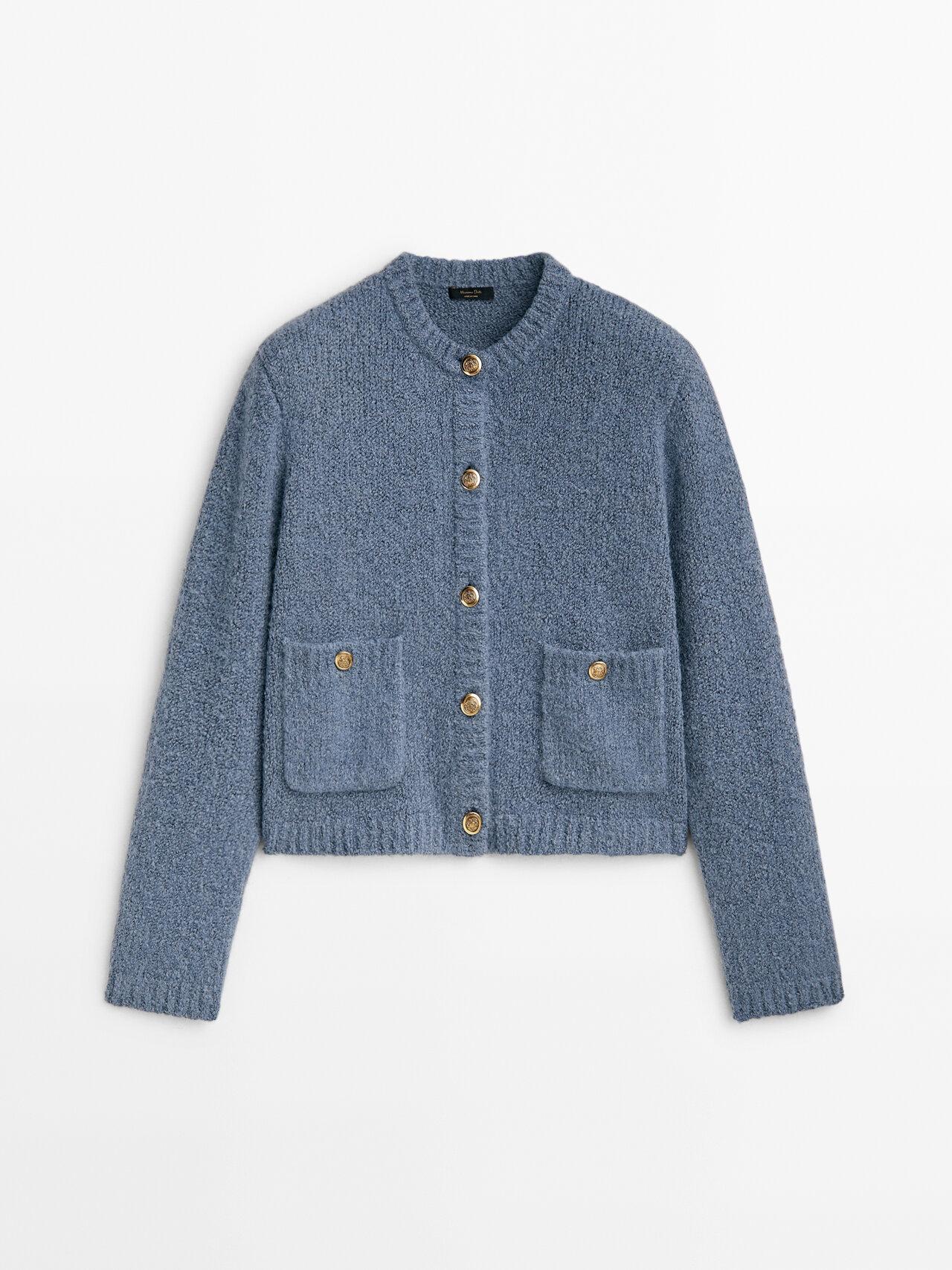 MASSIMO DUTTI Mini Bouclé Knit Cardigan With Pockets in Blue | Lyst