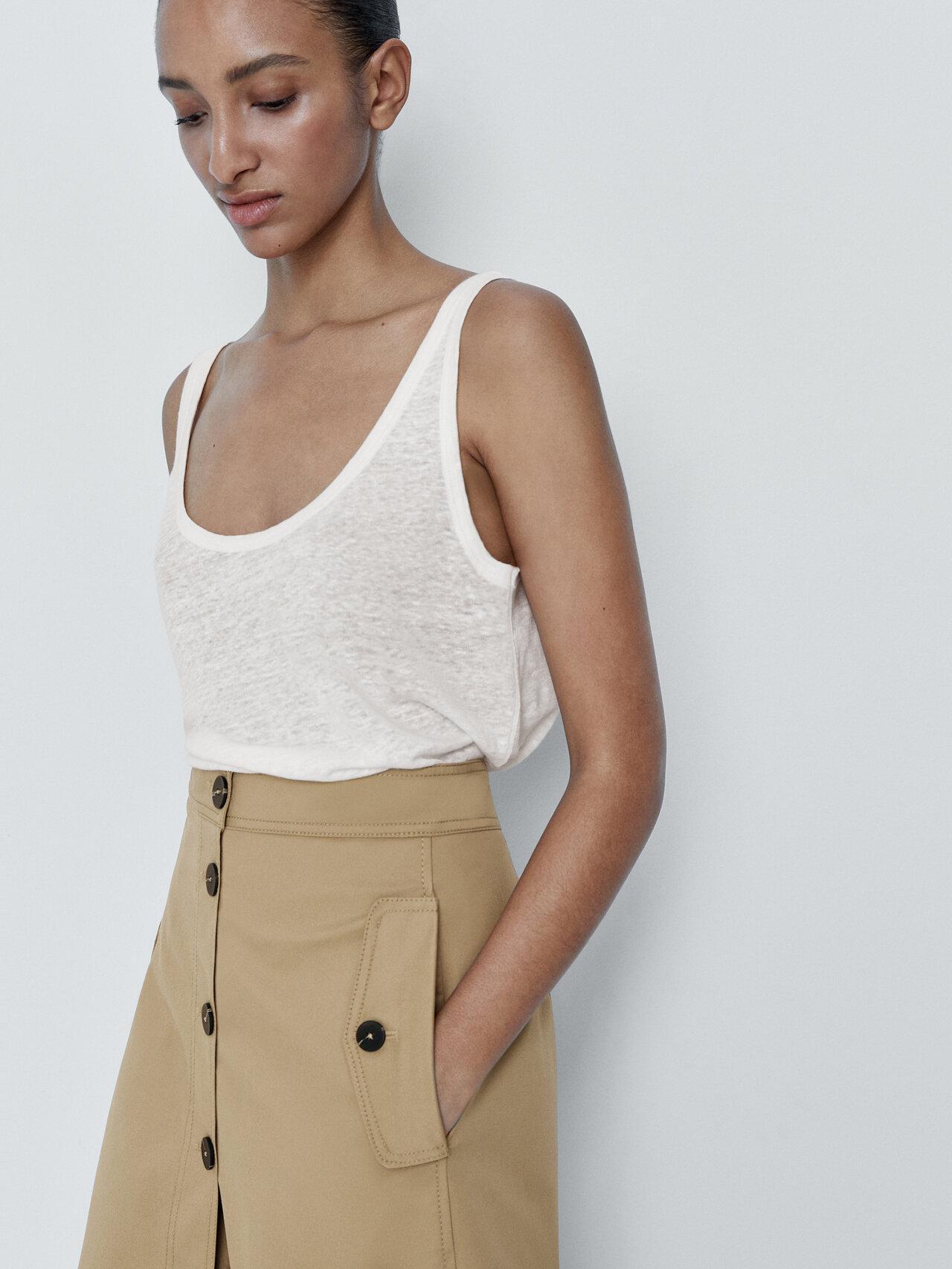 MASSIMO DUTTI Midi Skirt With Contrast Buttons in Natural | Lyst