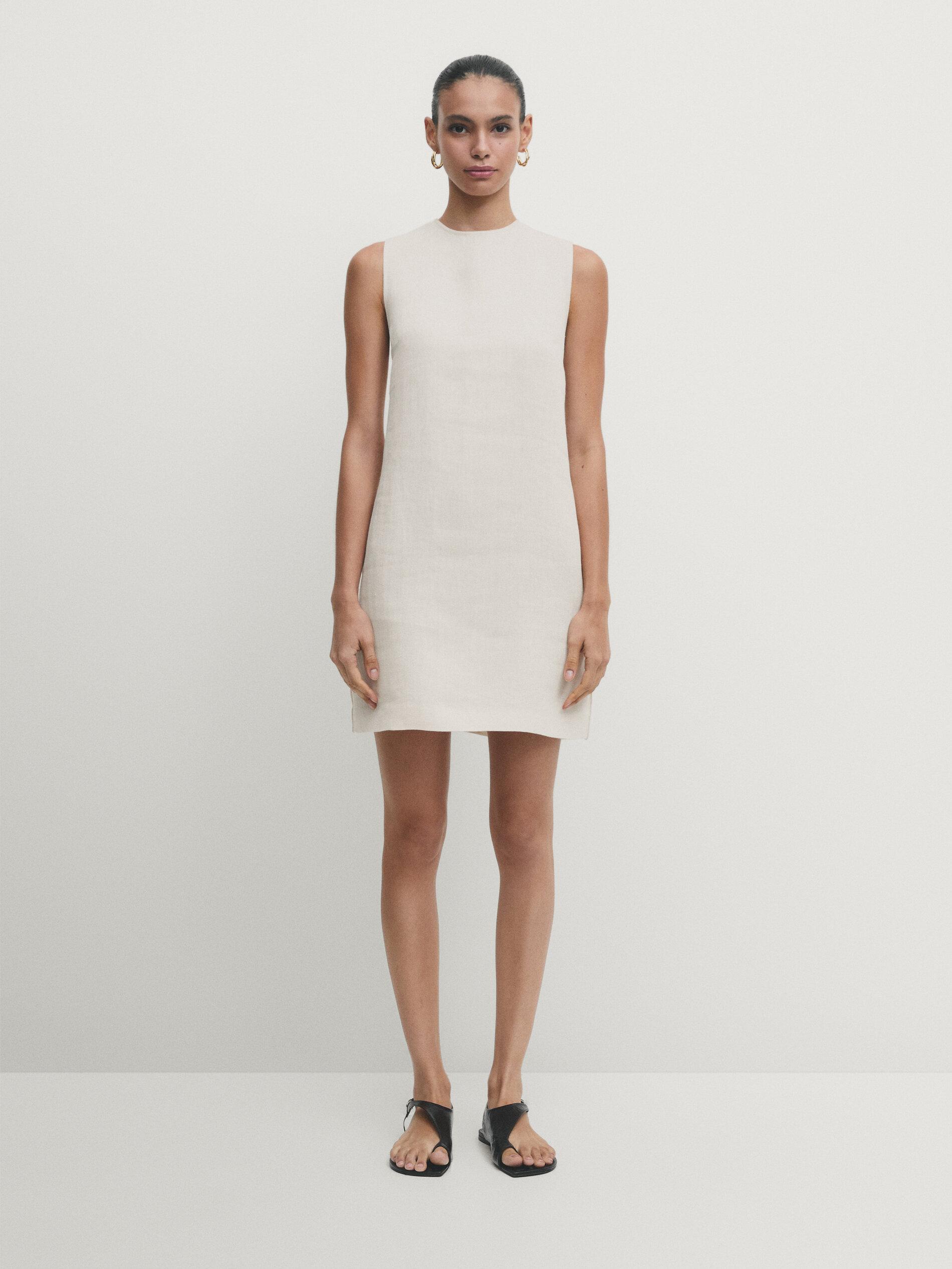 MASSIMO DUTTI Short Sleeveless 100% Linen Dress in White