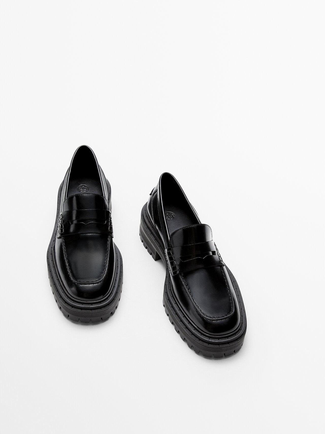 MASSIMO DUTTI Black Leather Loafers With Track Soles | Lyst