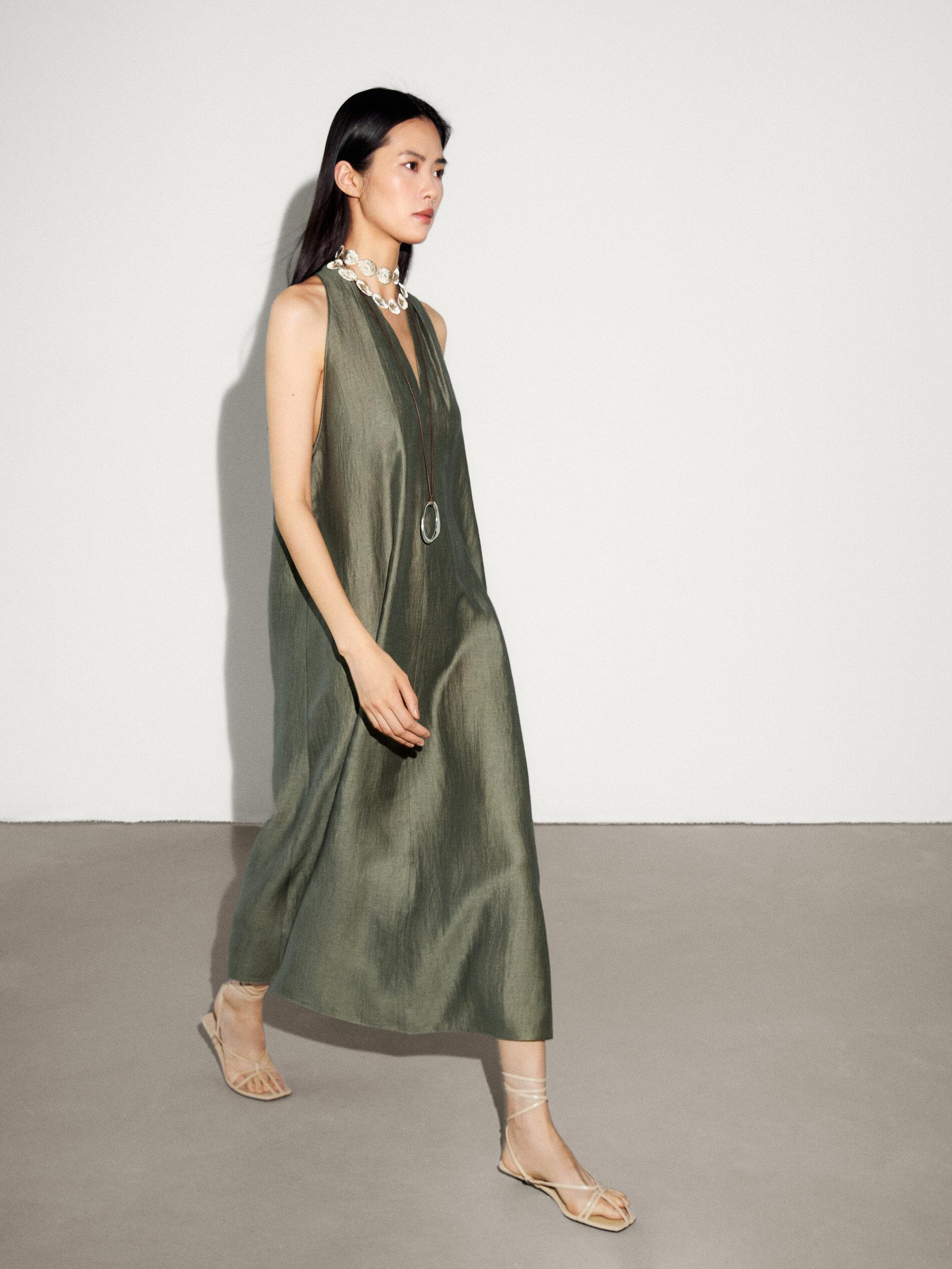 massimo dutti green pleated dress Rhinestones Fringe Emerald Green Satin Mermaid Prom Dress main image 0
