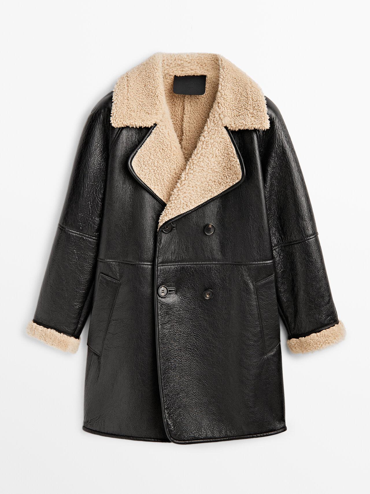 MASSIMO DUTTI Mouton Leather Coat With Crackled Finish in Black | Lyst