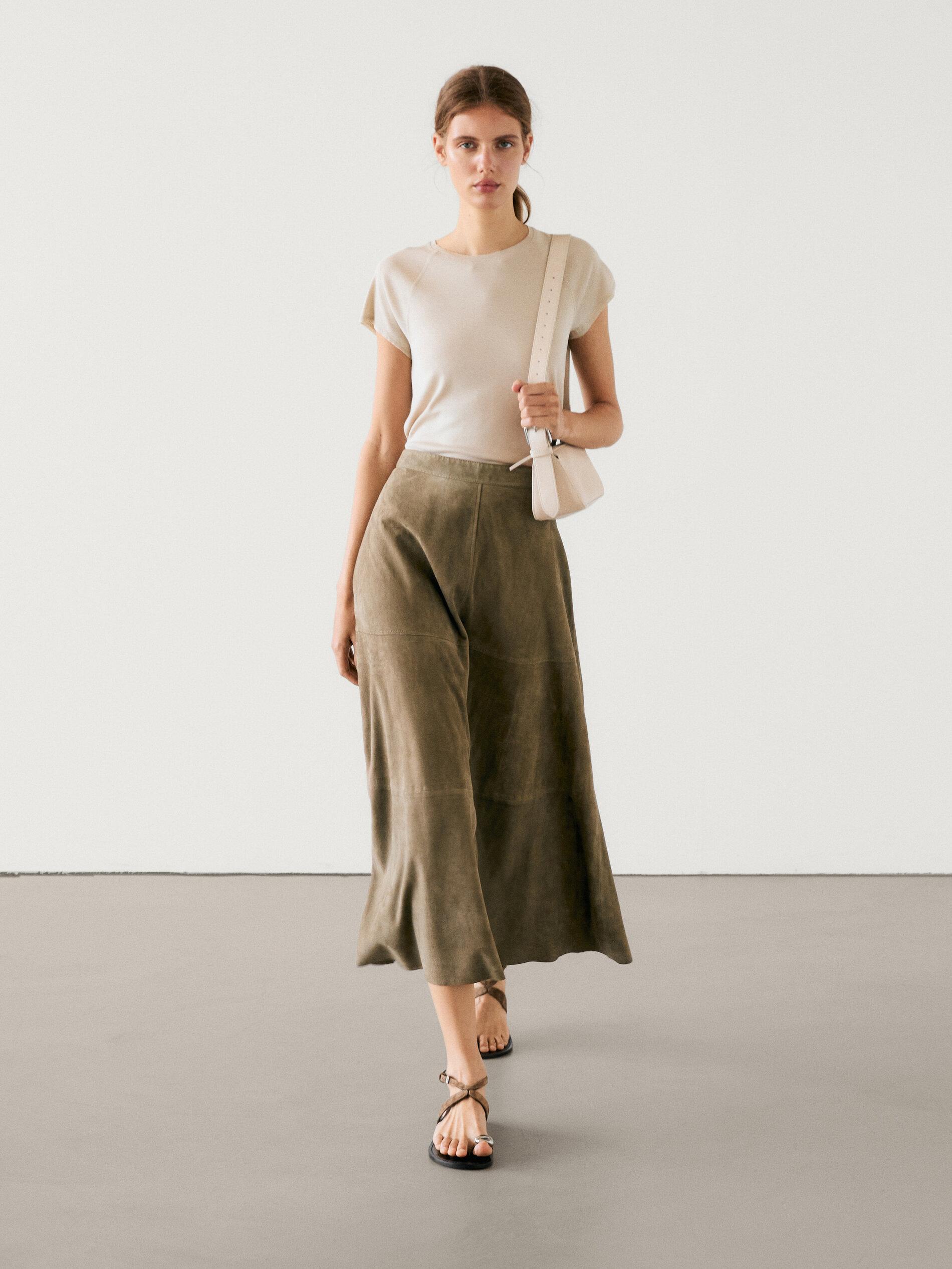 MASSIMO DUTTI Suede Leather Flared Midi Skirt in Natural